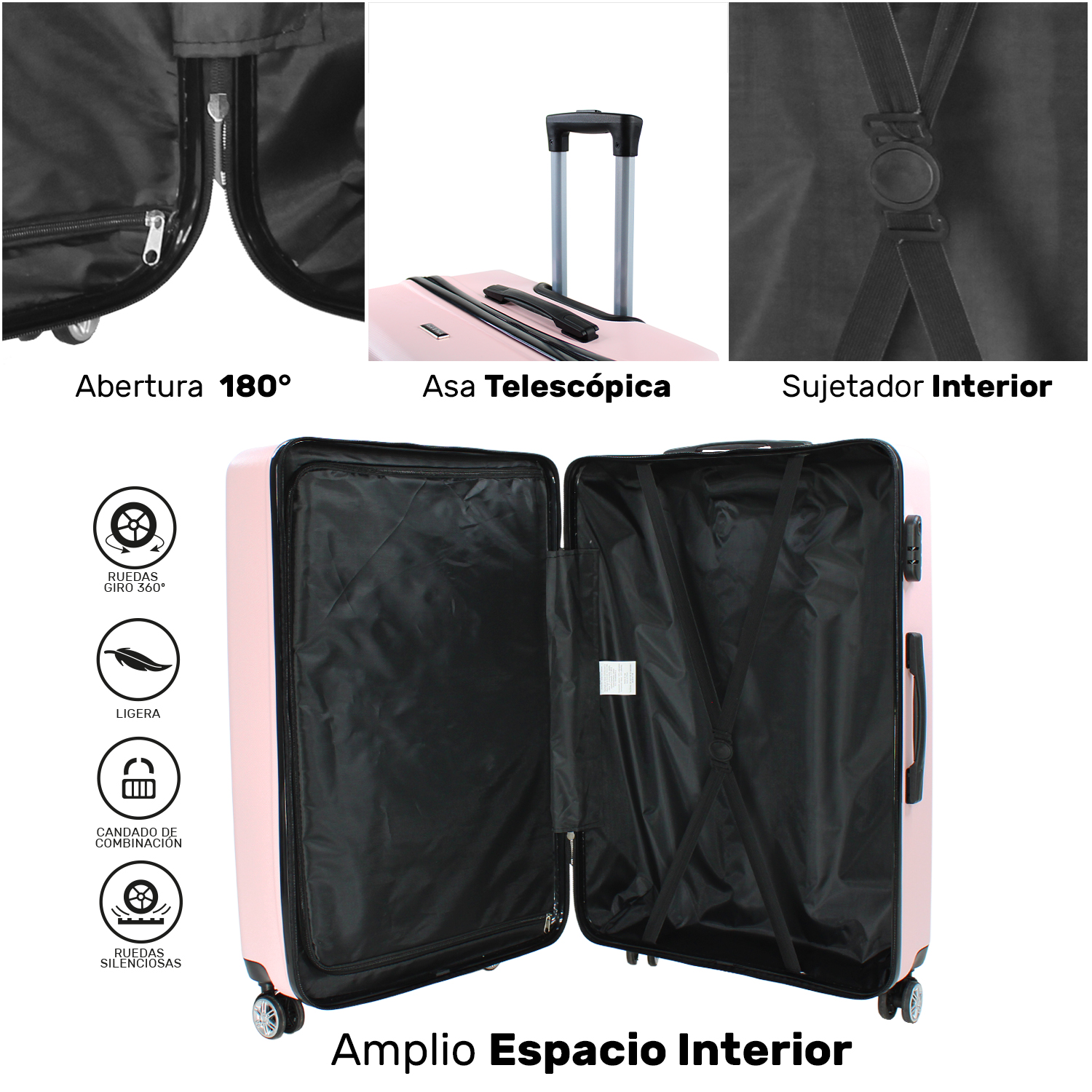 Set Juego 3 Maletas Rigidas Viaje Equipaje 4 Ruedas 360 Rosa