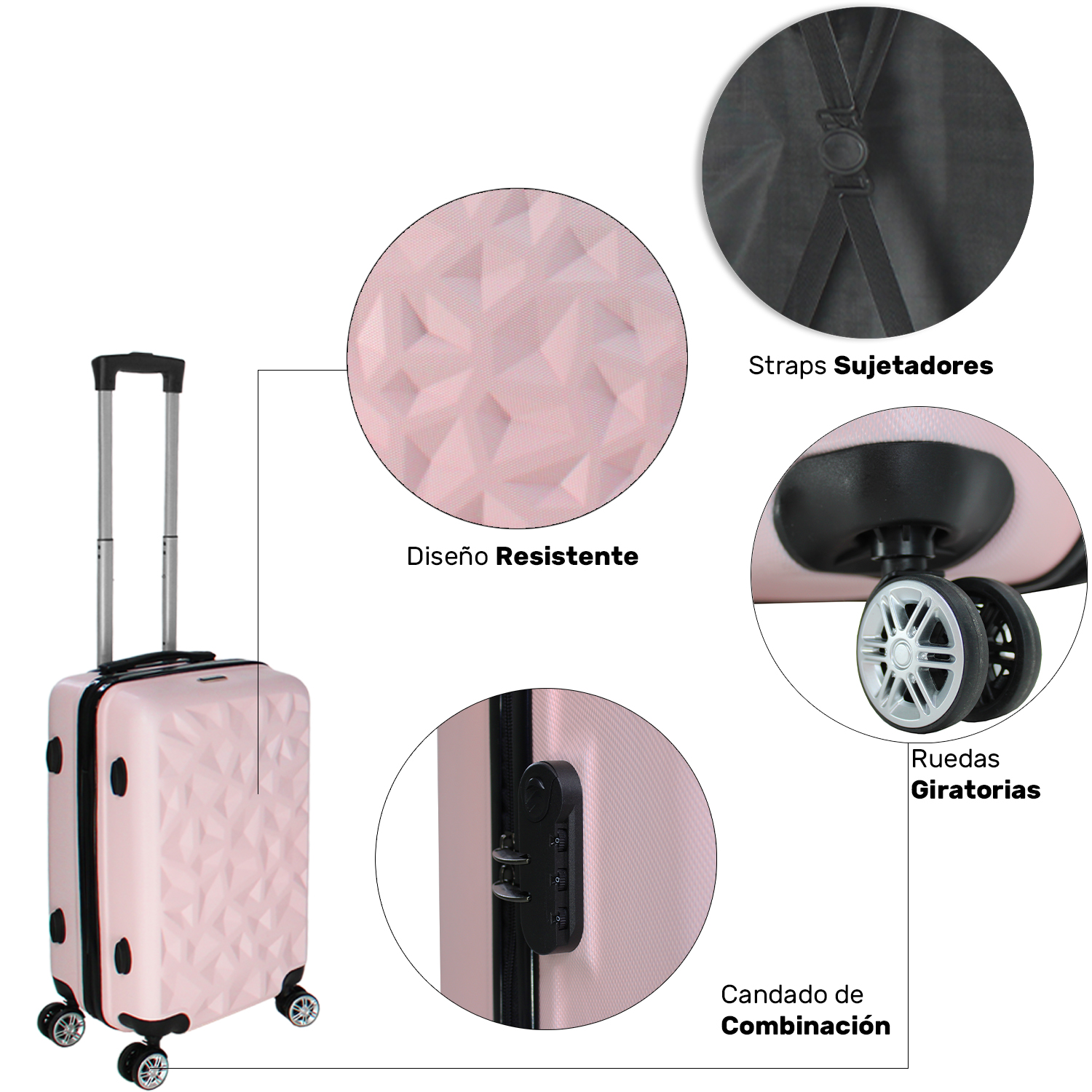 Set Juego 3 Maletas Rigidas Viaje Equipaje 4 Ruedas 360 Rosa