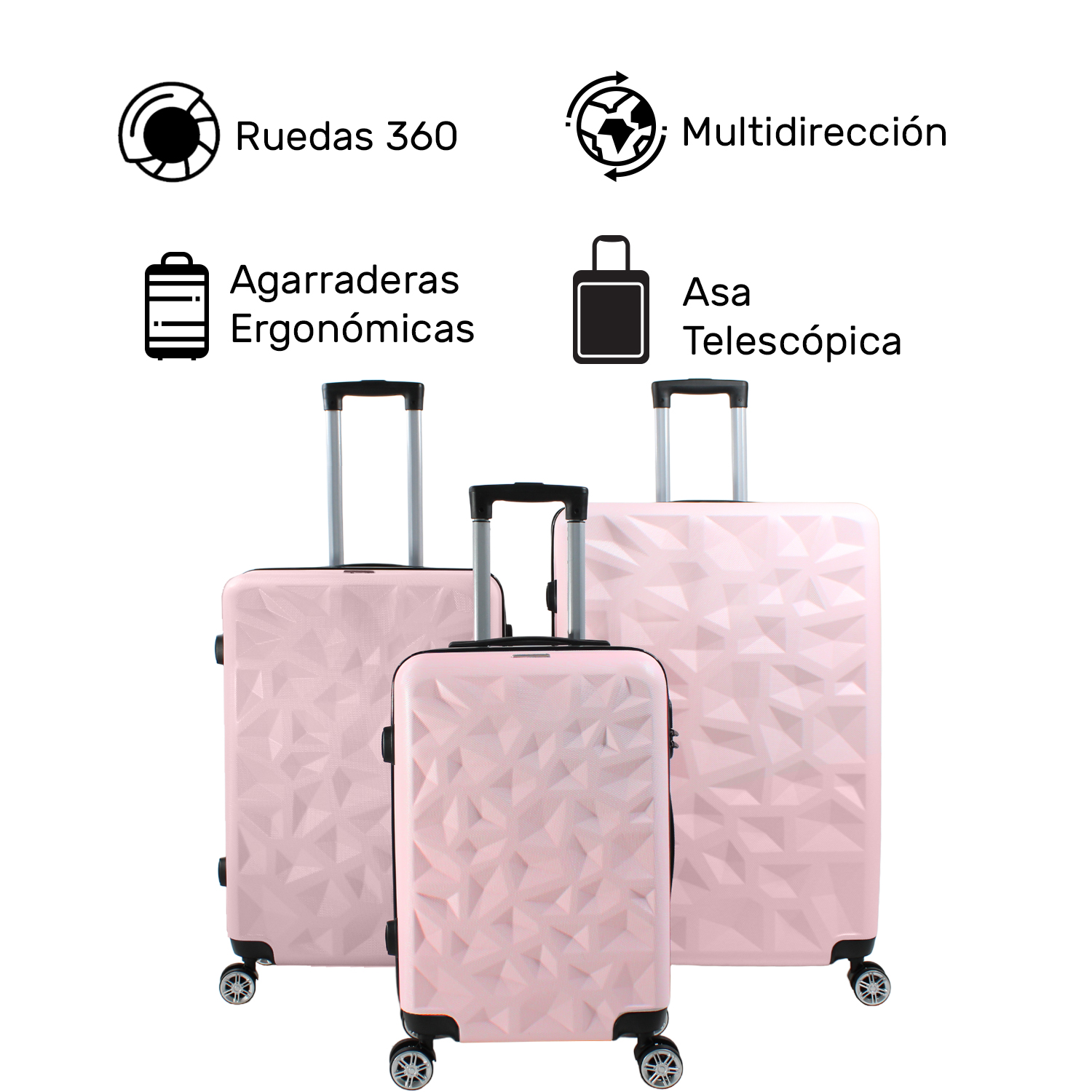 Set Juego 3 Maletas Rigidas Viaje Equipaje 4 Ruedas 360 Rosa