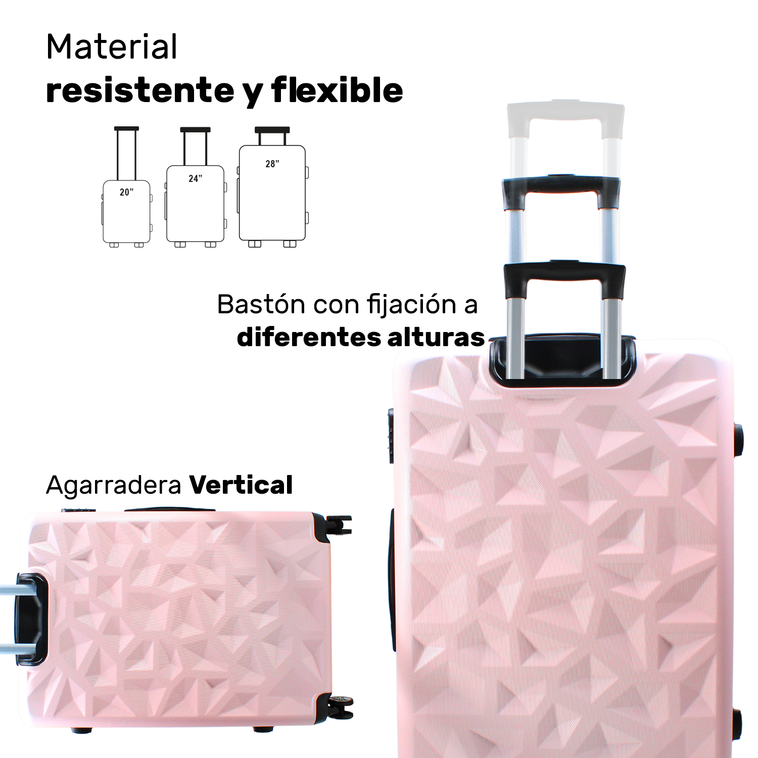 Set Juego 3 Maletas Rigidas Viaje Equipaje 4 Ruedas 360 Rosa