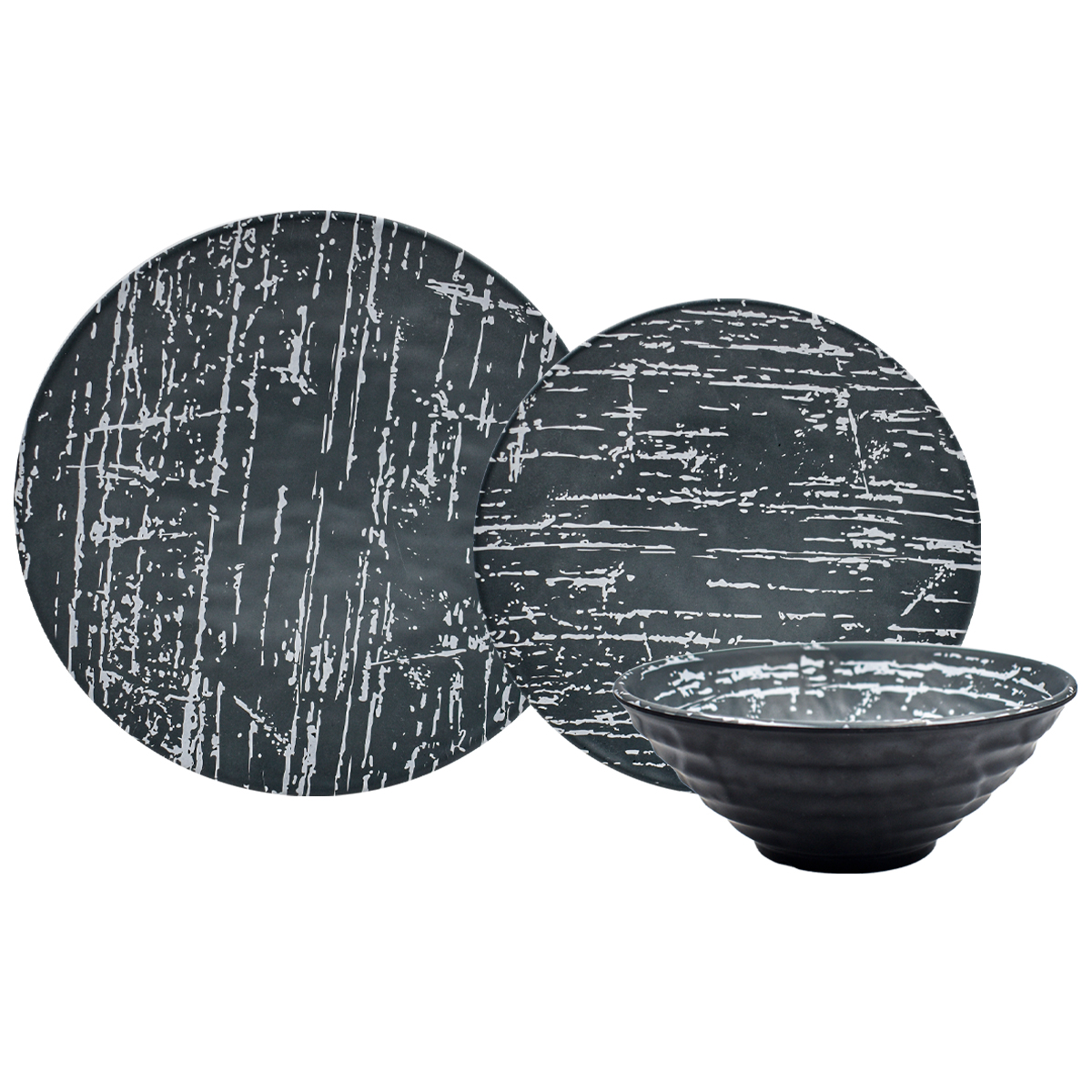 Ambient21 1725-581 Vajilla Moderna De Melamina Economica Marmol Negro 12 Piezas para 4 Personas