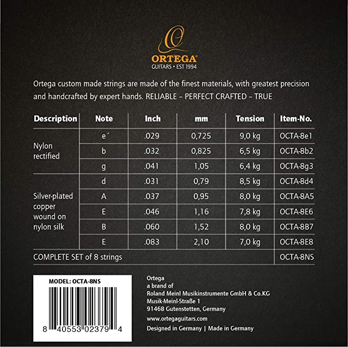 Cuerdas Ortega Nylon OCTA-8NS P/Guitarra 8 Cuerdas