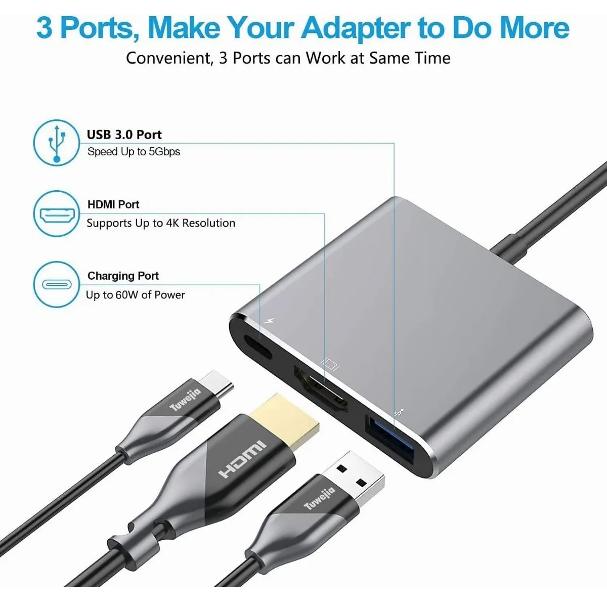 Adaptador Tipo C A Hdmi 4k Convertidor Hub Usb 3.0 3 En 1