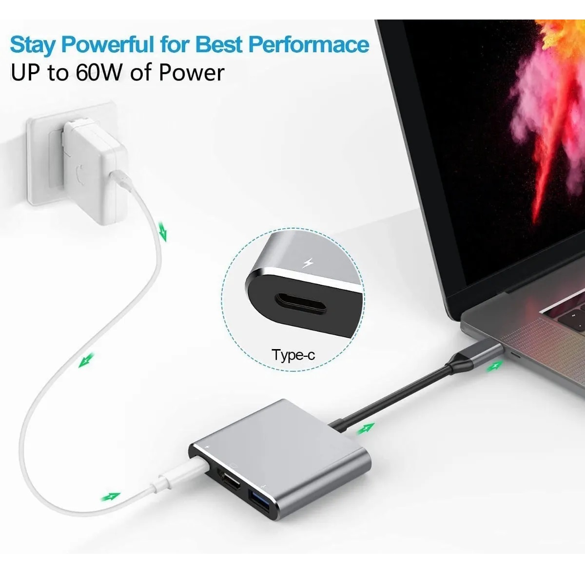 Adaptador Tipo C A Hdmi 4k Convertidor Hub Usb 3.0 3 En 1