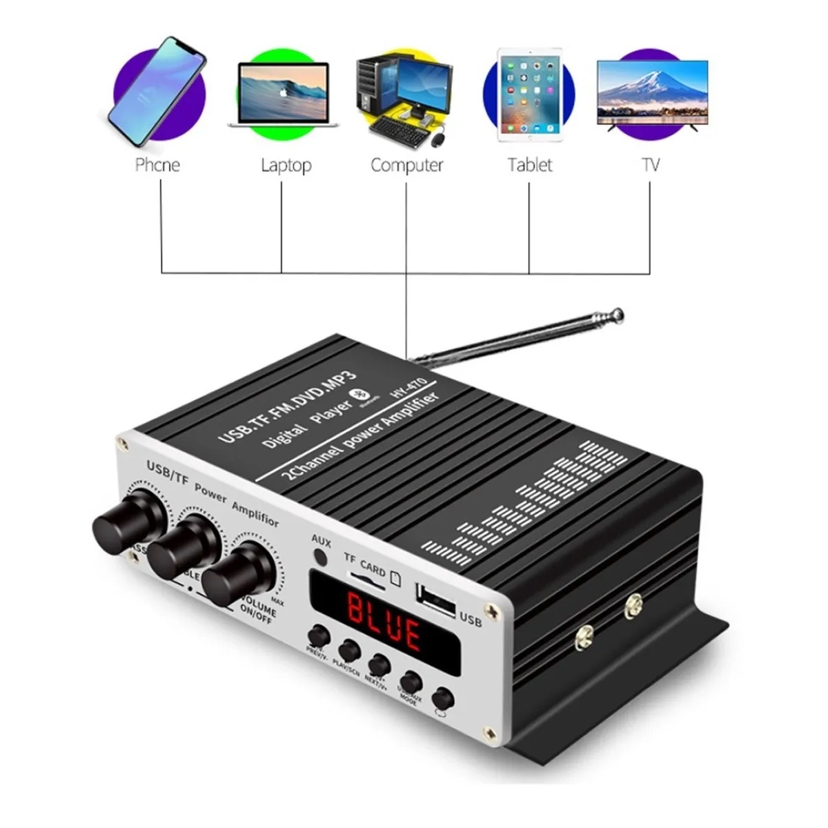 Amplificador Auto Moto Casa 12v Fm Usb Tf Bluetooth Aux Mp3