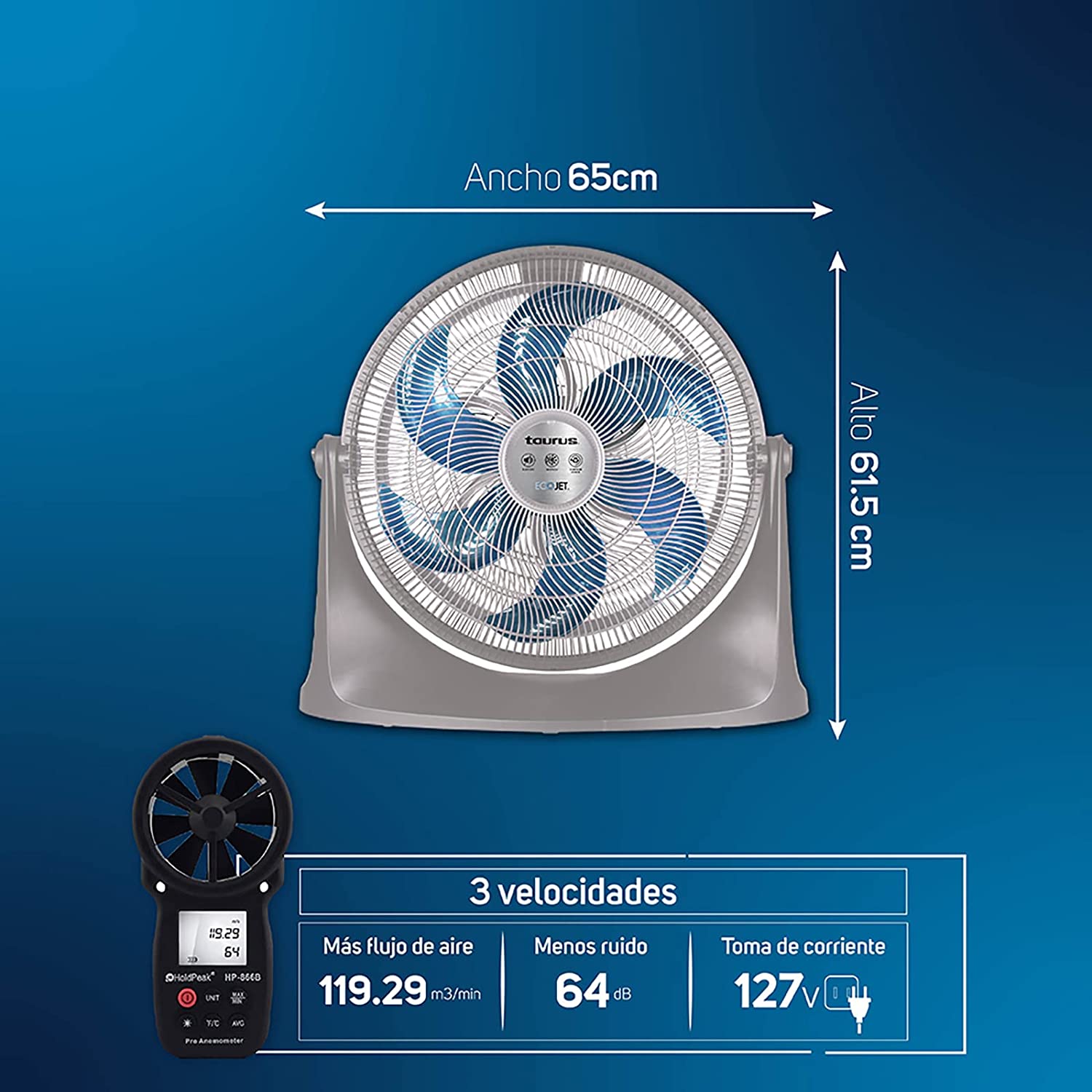 Taurus Supersonic Circulador de Aire, Ecojet Silencioso, 20 Pulgadas, color Gris