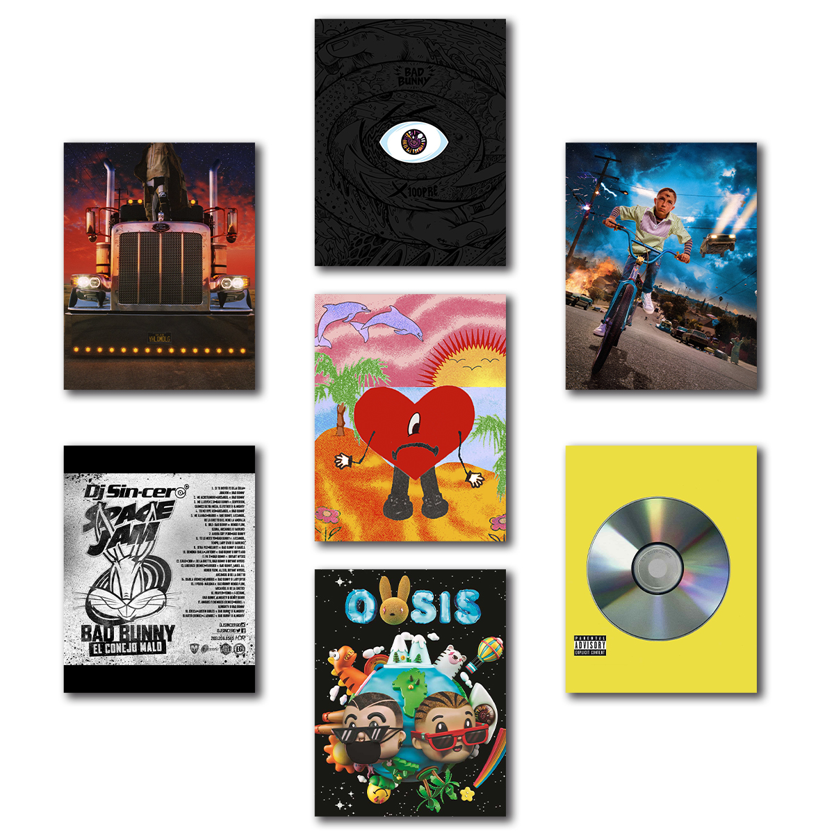Cuadros Decorativos Bad Bunny Discografía 7 Piezas Personalizado