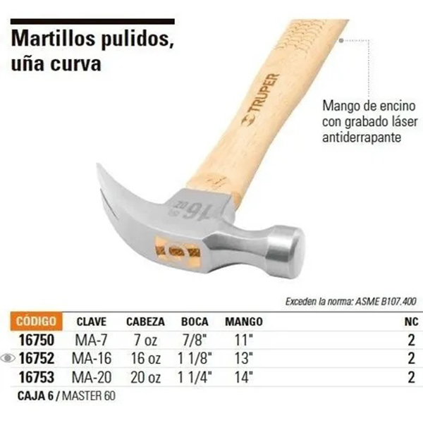 Martillo pulido 16 oz uña curva, mango madera, Truper