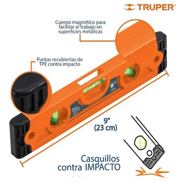 Nivel torpedo de 9" magnético cuerpo de ABS, Truper