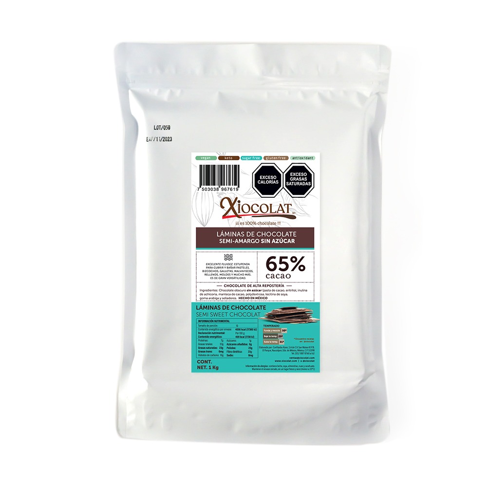 Xiocolat Cobertura en Laminas de Chocolate Sin Azucar 65% Cacao (1 Kilo)