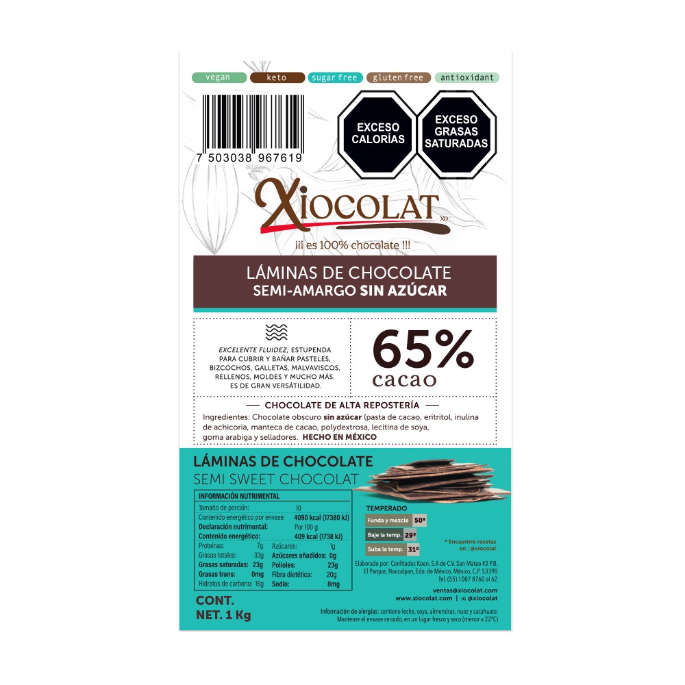 Xiocolat Cobertura en Laminas de Chocolate Sin Azucar 65% Cacao (1 Kilo)