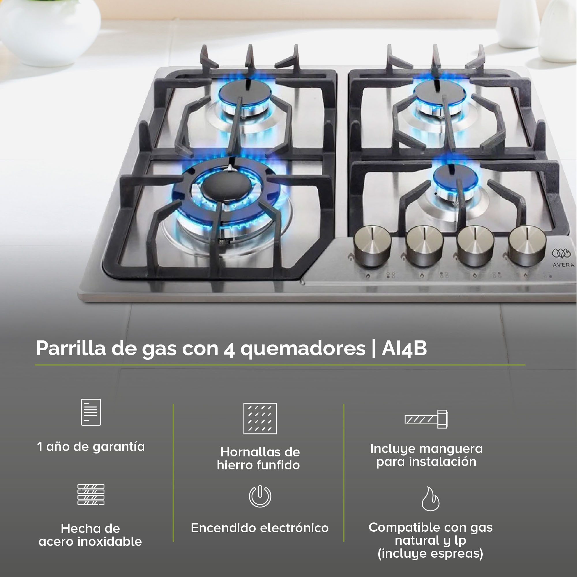 Parrilla de Gas Acero Inoxidable con 4 Quemadores  Avera AI4B