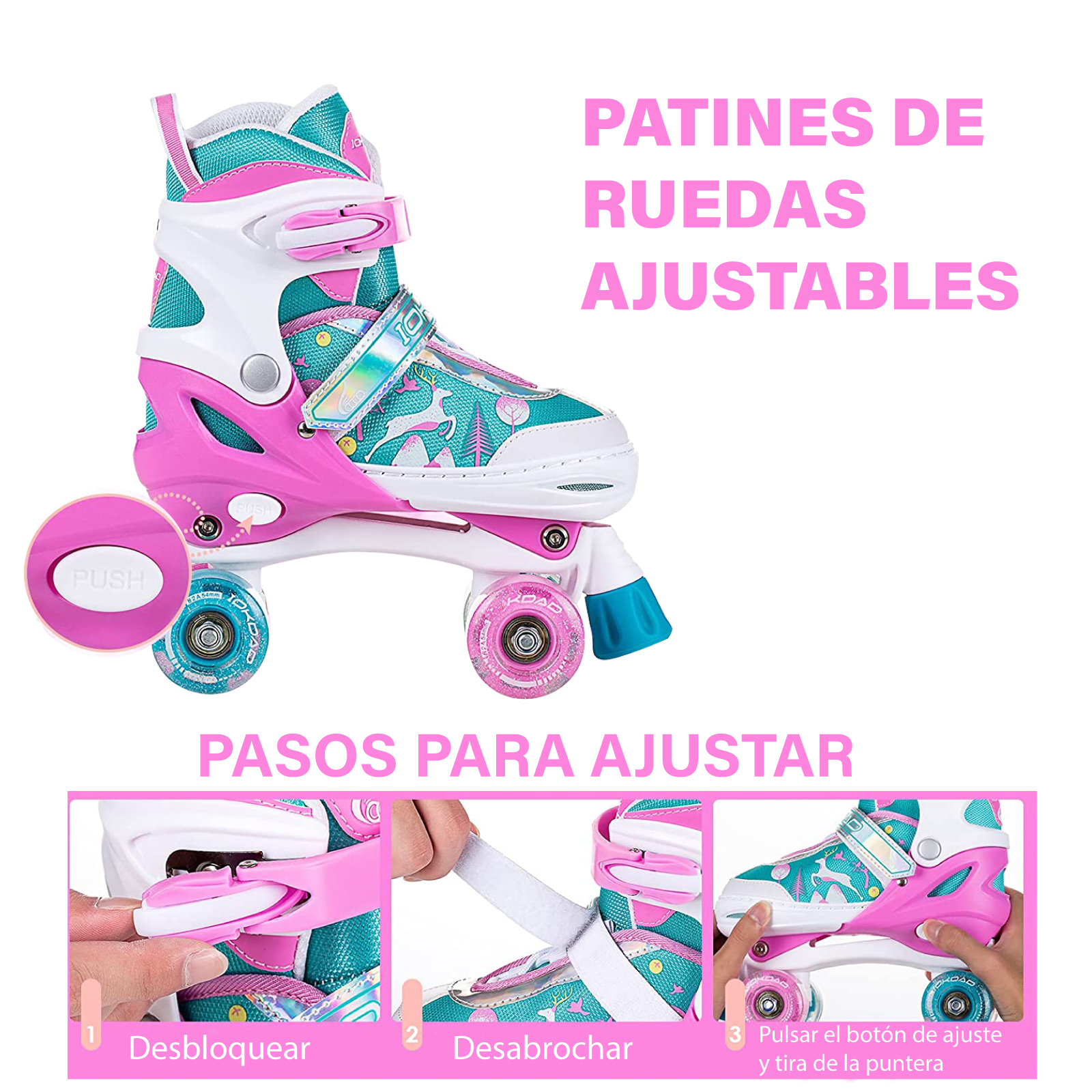 Patines 4 Ruedas Altera Doble Fila con Luz LED para Niñas y Niños Talla Ajustable