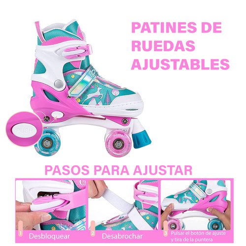 Patines de ruedas ajustables para niñas y niños pequeños y jóvenes, color  rosa, 4 tamaños ajustables con luz para niños de talla 11J a talla 7 para