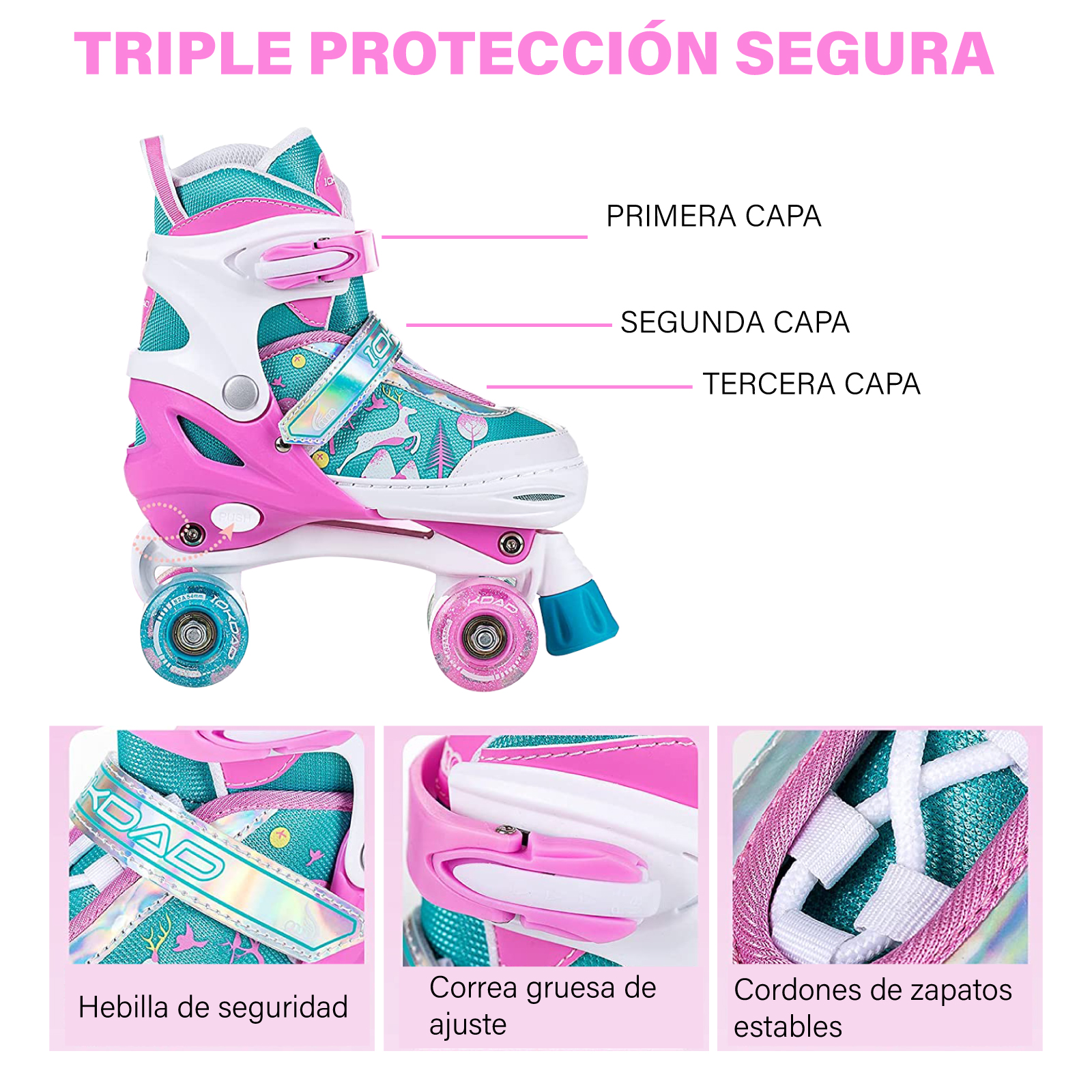 Patines 4 Ruedas Altera Doble Fila con Luz LED para Niñas y Niños Talla Ajustable