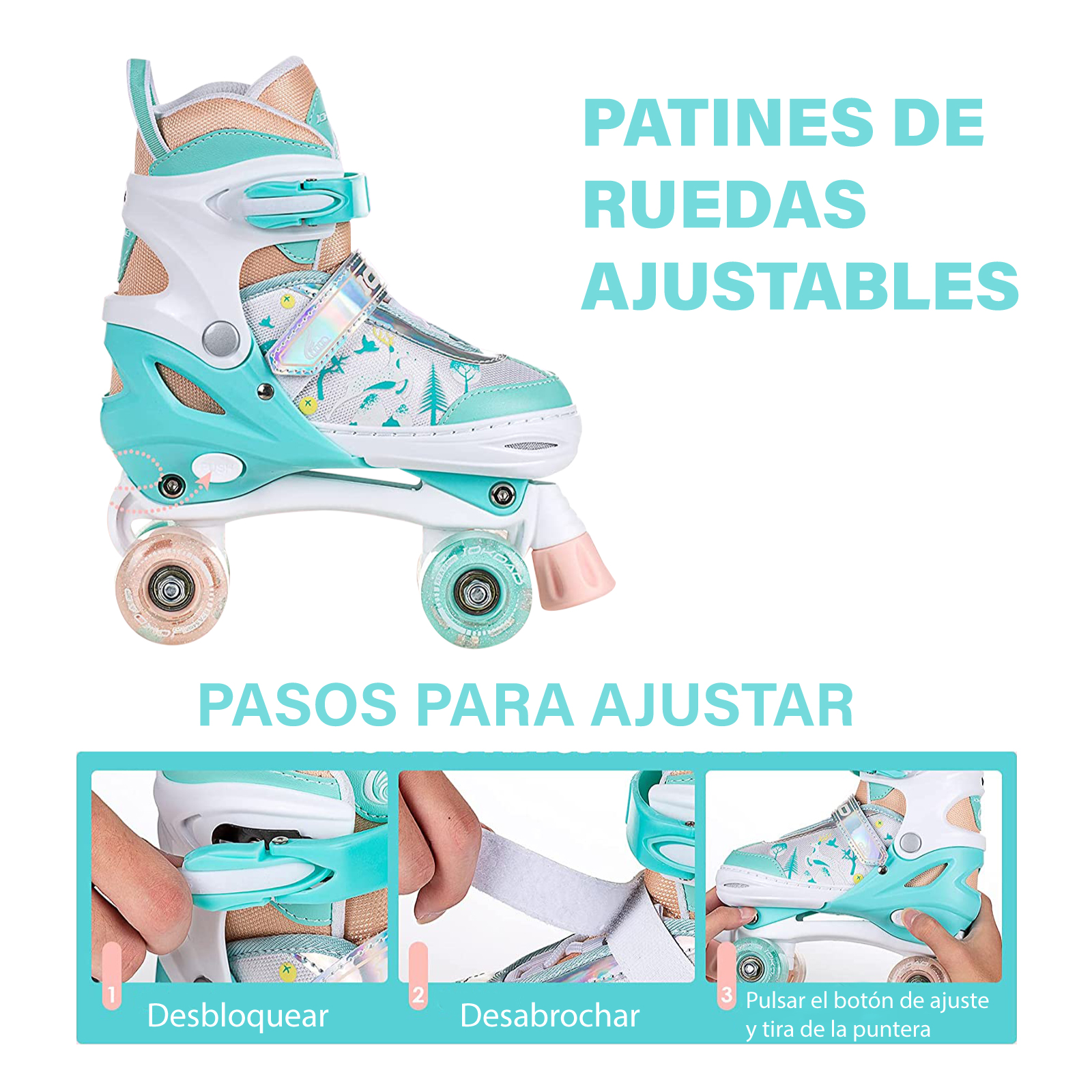 Patines 4 Ruedas Altera Doble Fila con Luz LED para Niñas y Niños Talla Ajustable