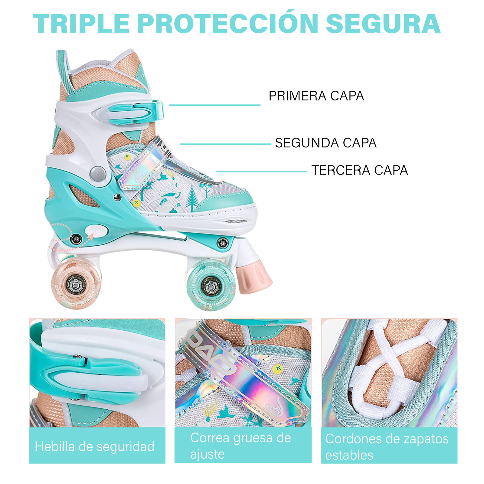 Patines 4 Ruedas Altera Doble Fila con Luz LED para Niñas y Niños Talla Ajustable