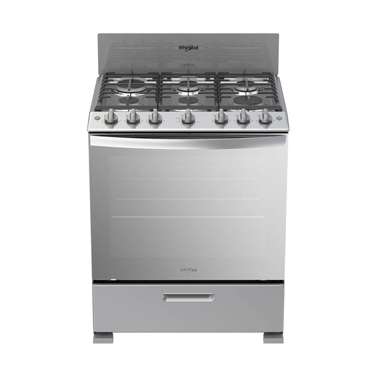 Estufa 30" de gas 6 quemadores gris marca whirlpool.