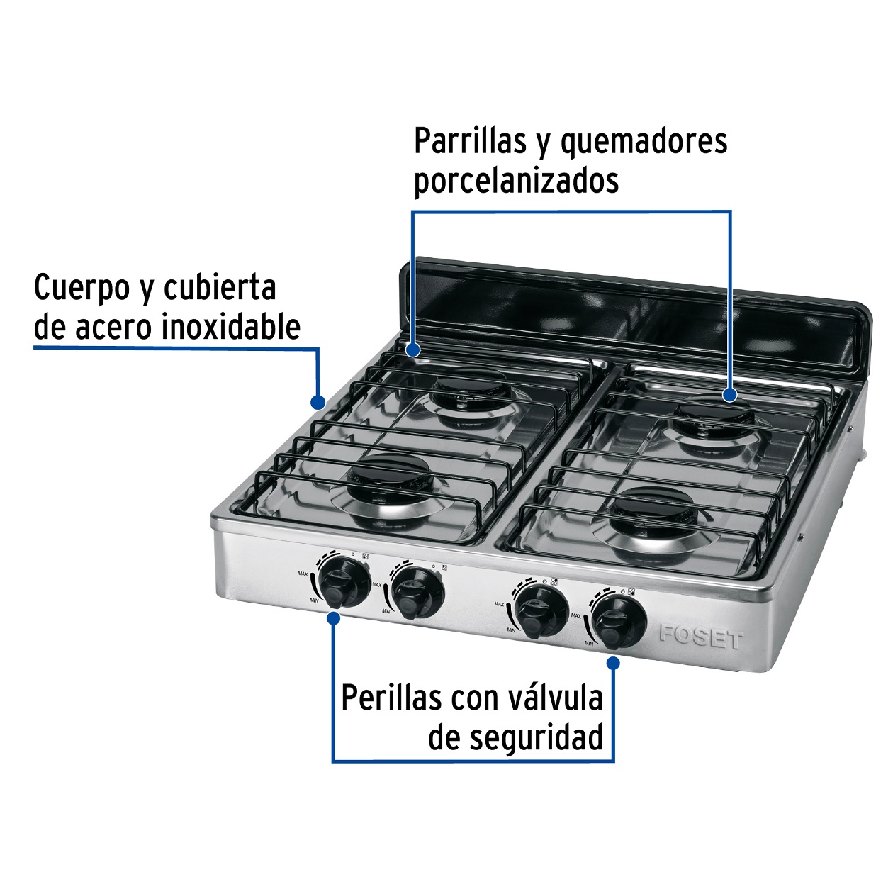 Parrilla de Gas de 4 quemadores inoxidable de sobreponer estufa para cocina Foset 