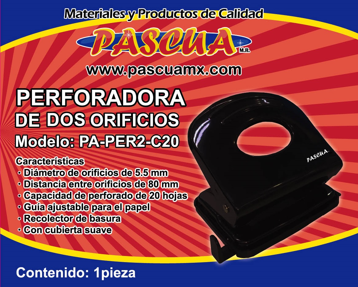 Perforadora de 2 orificios de 5.5 mm mediana perfora hasta 20 hojas PA-PER2-G20