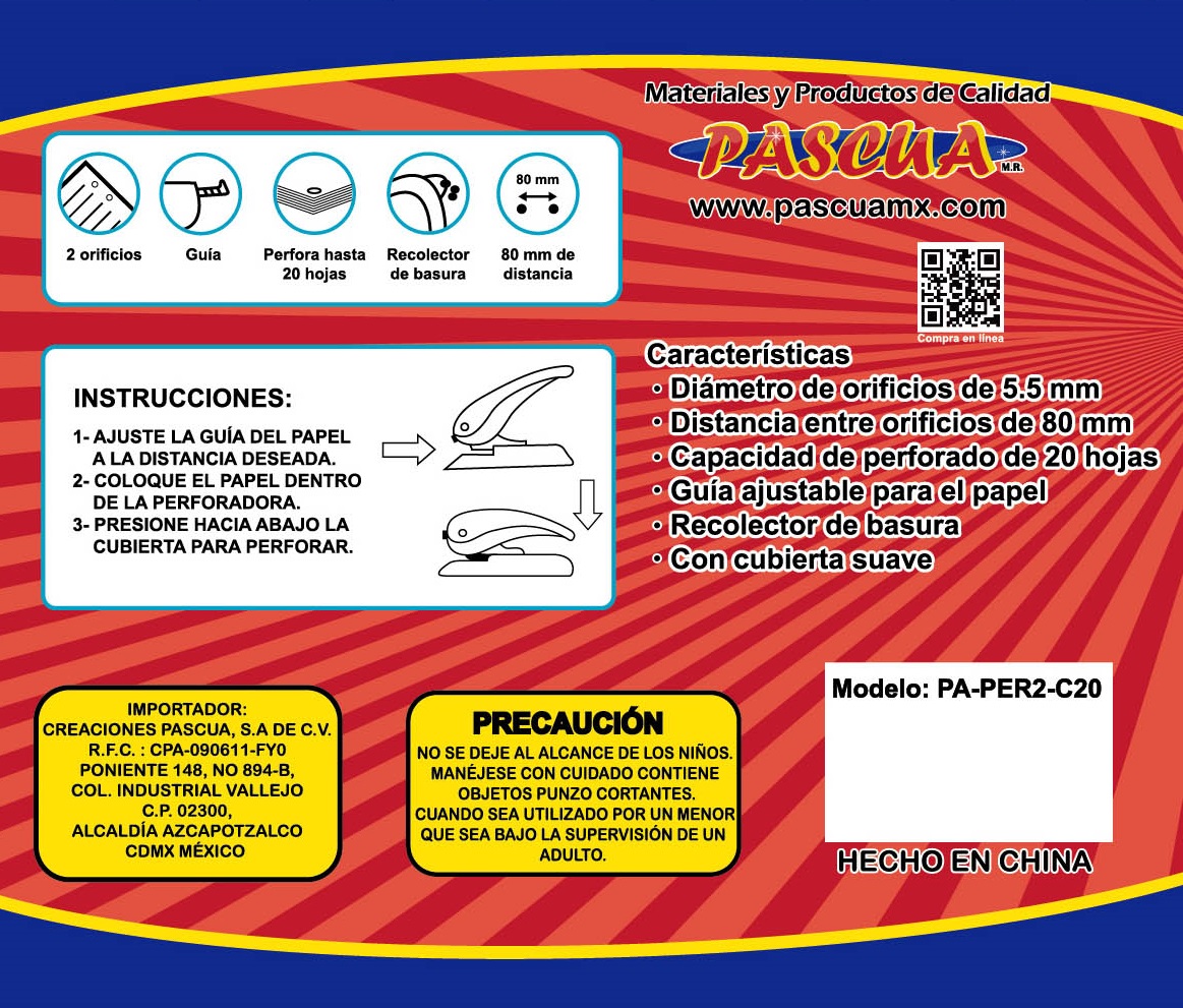 Perforadora de 2 orificios de 5.5 mm mediana perfora hasta 20 hojas PA-PER2-G20