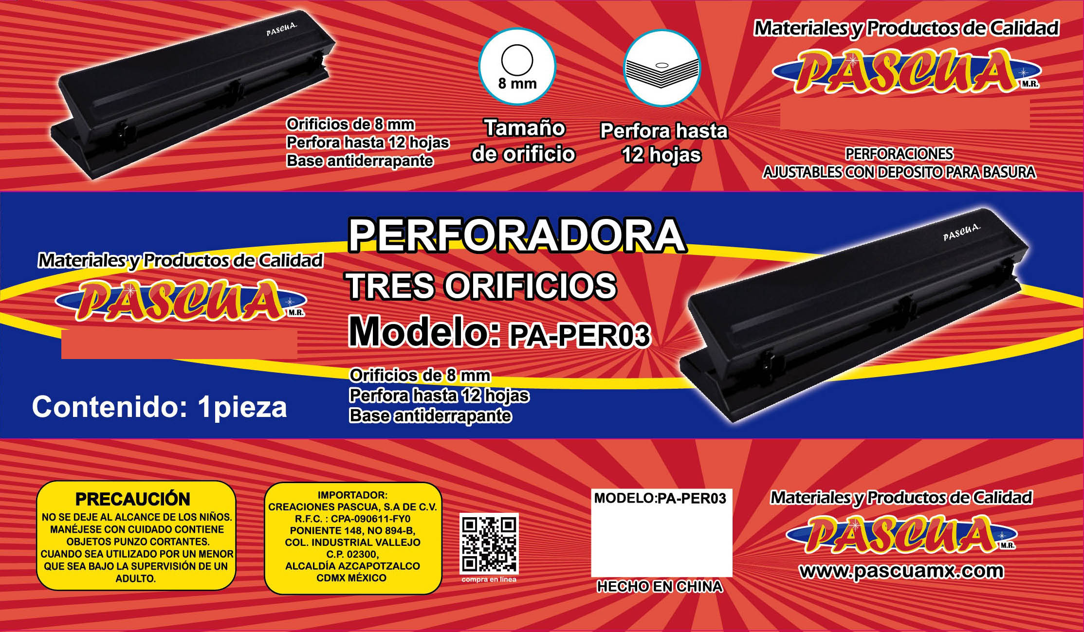 PERFORADORA DE 3 ORIFICIOS DE 8 mm perfora hasta 12 hojas PA-PER03