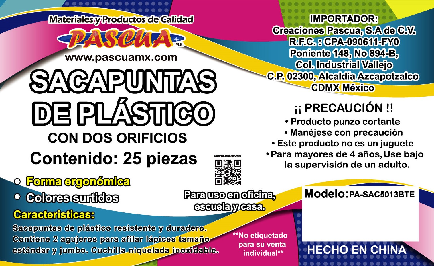BOTE DE 25 PZAS SACAPUNTAS SIMPLE DE PLÁSTICO CON DOS ORIFICIOS PA-SAC5013BTE