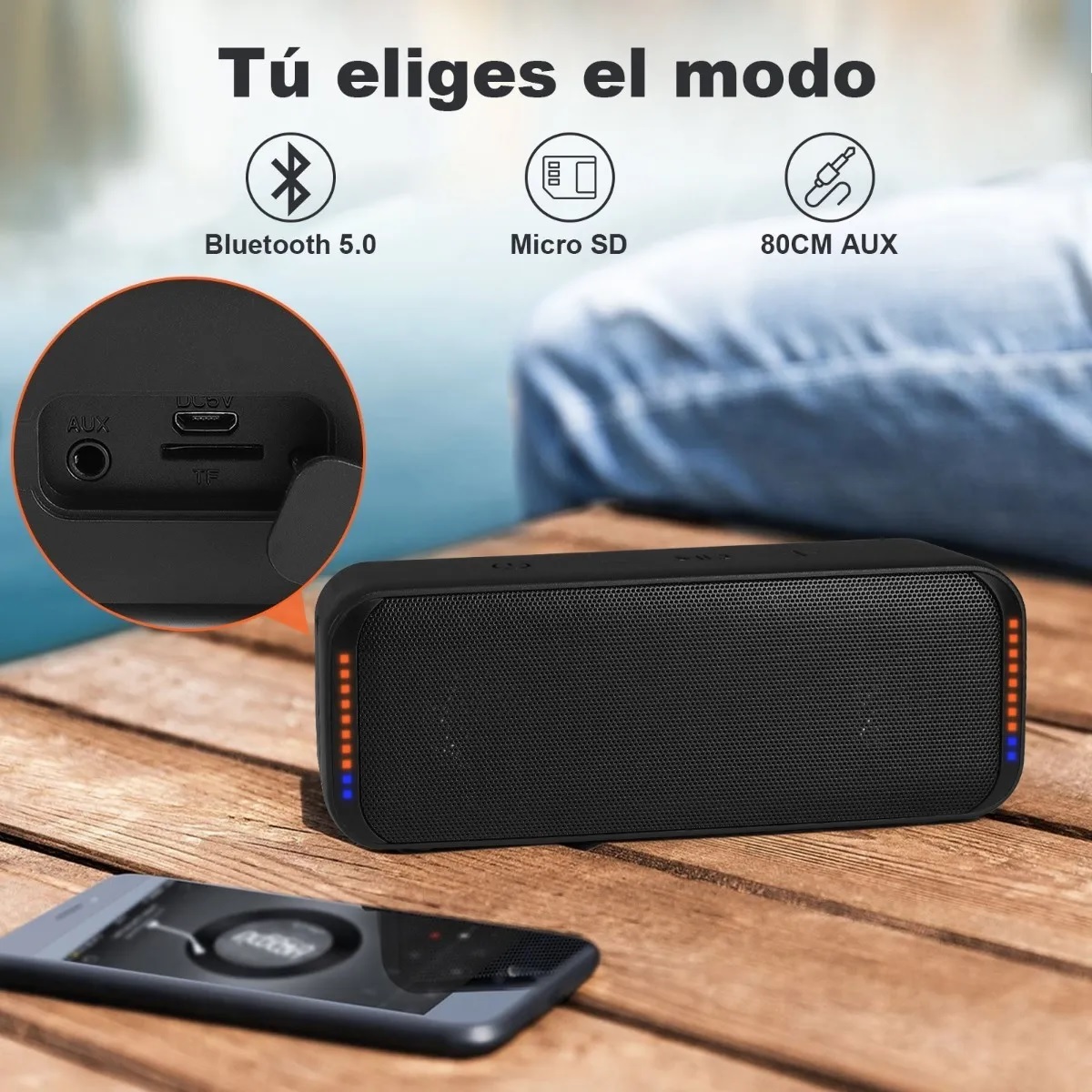Bocina Bluetooth Inalambrica Portátil Altavoz Bajos Con Luz