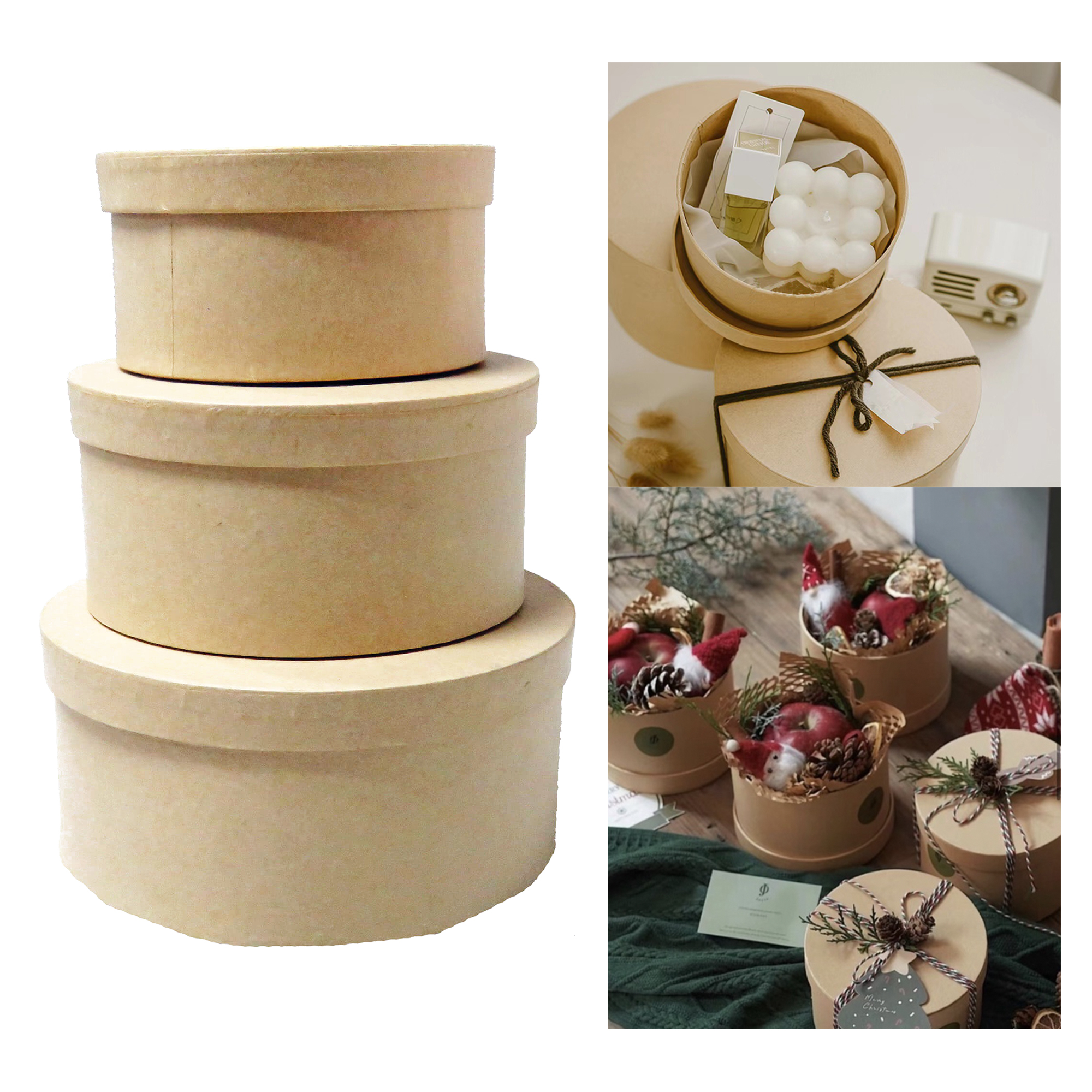 Set 3 Cajas de Cartón Kraft Redonda para Regalos, presente, Fiestas, Cumpleaños, Bodas y guardar sus articulos pequños multiuso