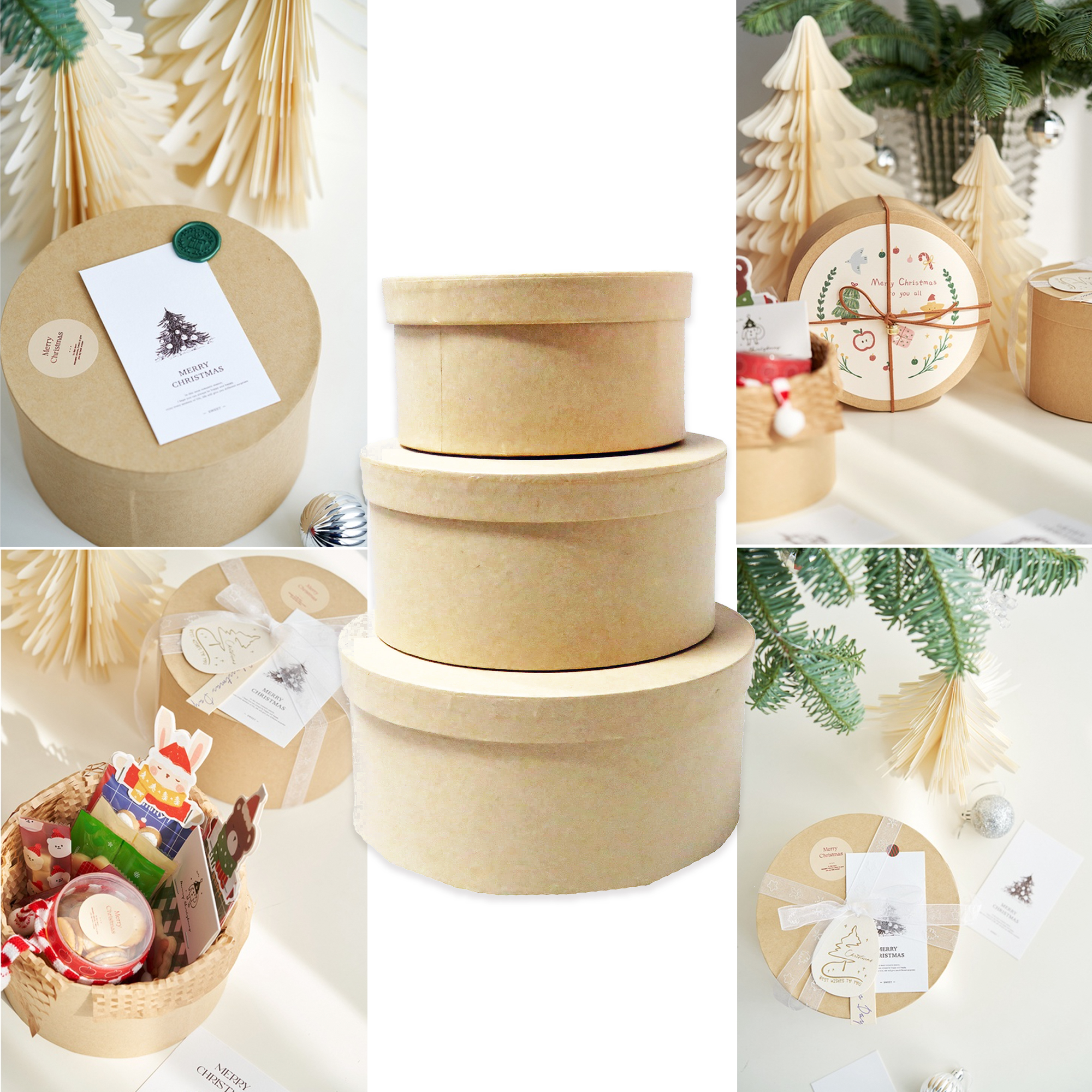 Set 3 Cajas de Cartón Kraft Redonda para Regalos, presente, Fiestas, Cumpleaños, Bodas y guardar sus articulos pequños multiuso