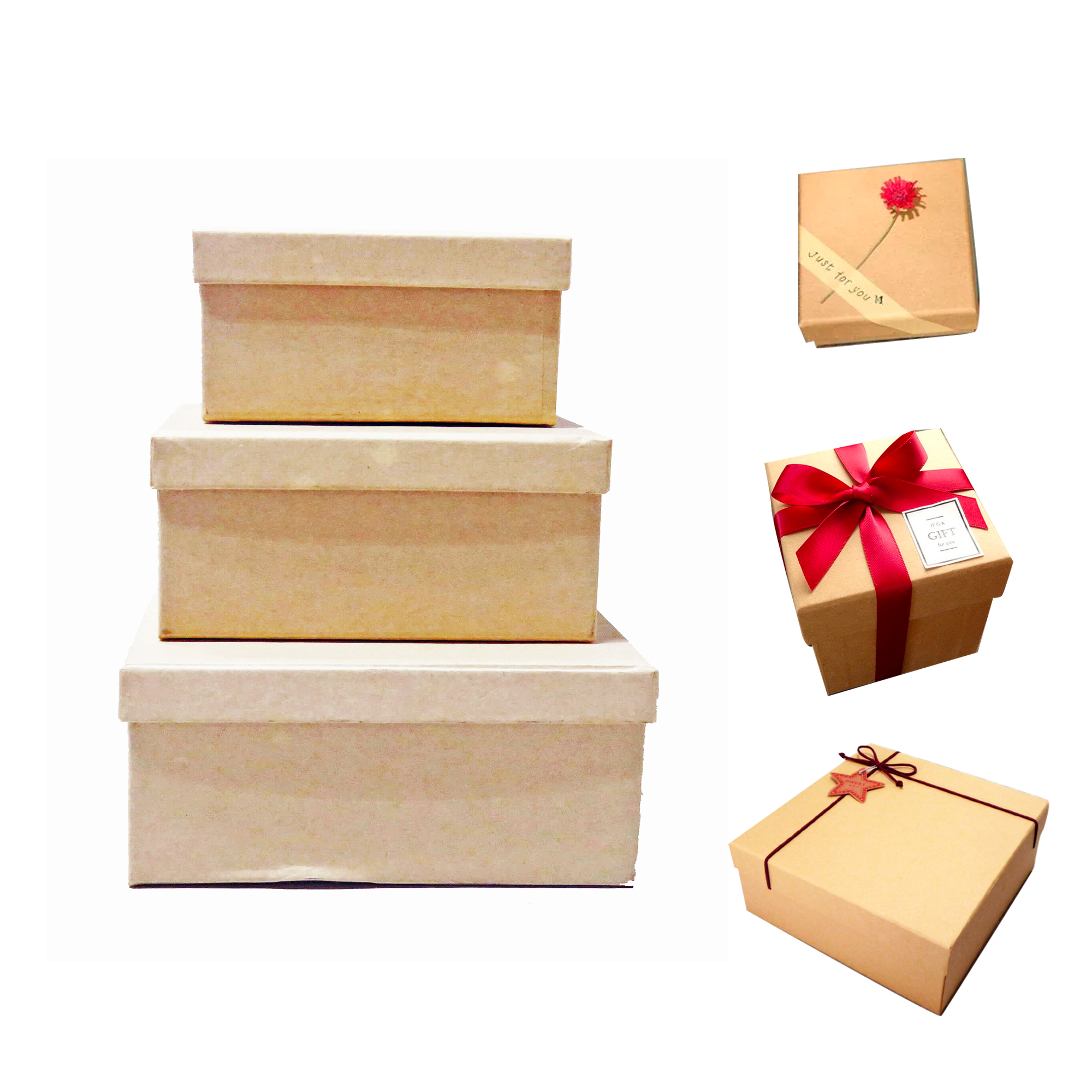 Cajas de Cartón Kraft (Pack de 3) Fácil Ensamblado Cuadrada Presentación para Regalos, presente, Fiestas, Cumpleaños, Bodas y guardar sus articulos pequños multiuso