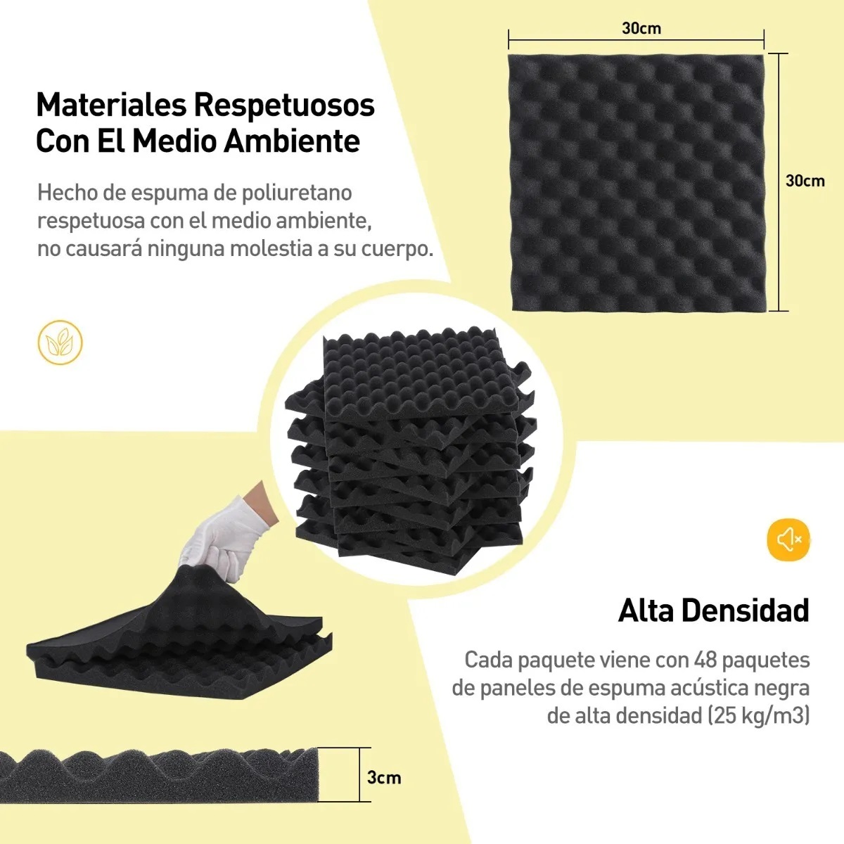 48 Paneles De Espuma Acústica 30x30x3cm Retardador De Llama