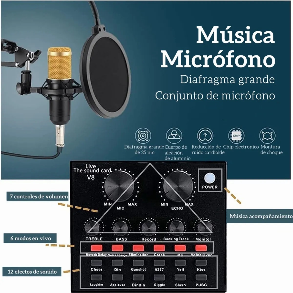 Micrófono De Condensador Bm800 Kit Tarjeta De Sonido V8 Vivo