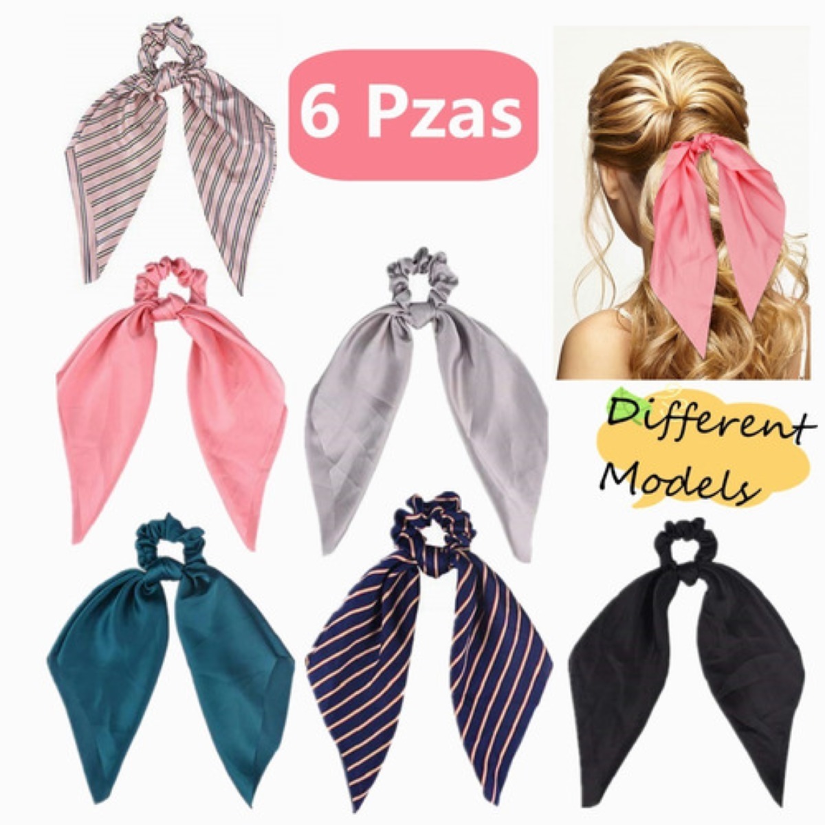 6 Cintas Para Pelo Liga Cabello Elásticas Varios Colores 