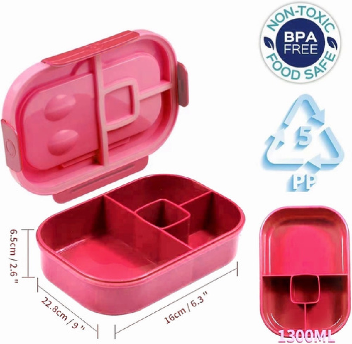 Lonchera Bento Box 1300ml 4 Compartimentos A Prueba De Fugas Rosa Chicle