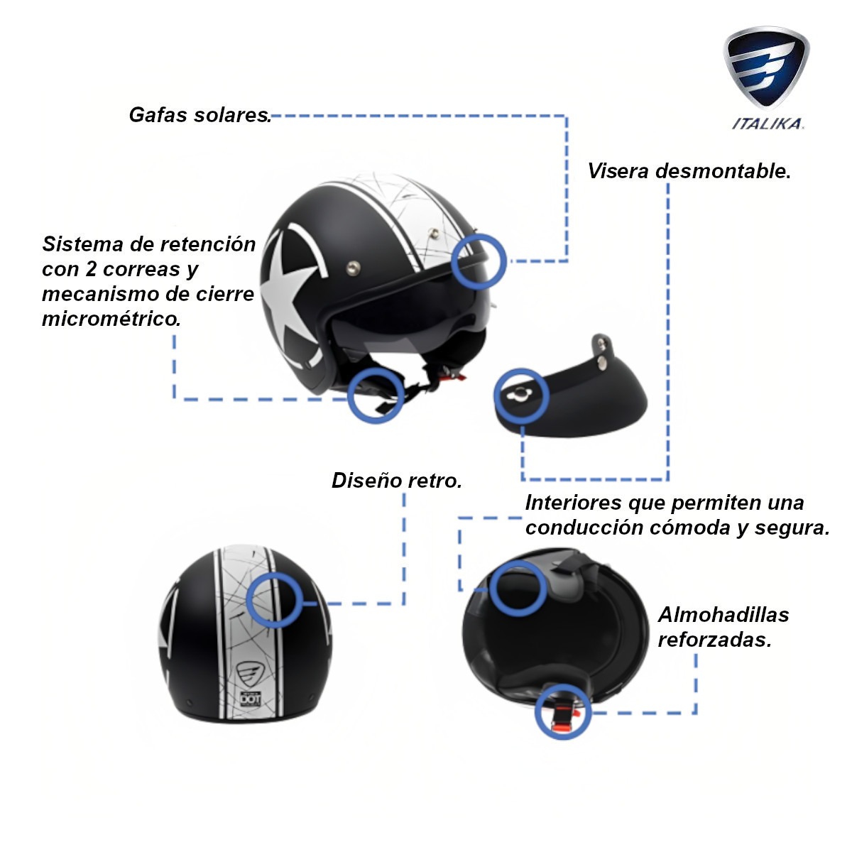 Casco Moto 3/4 ITALIKA certificado DOT Estrella gafas visera desmontable