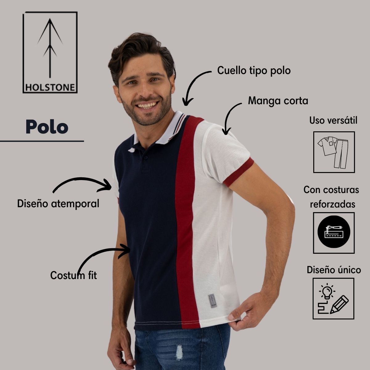 Playera Polo Slim Fit Holstone Hombre - Bloques Azul Marino