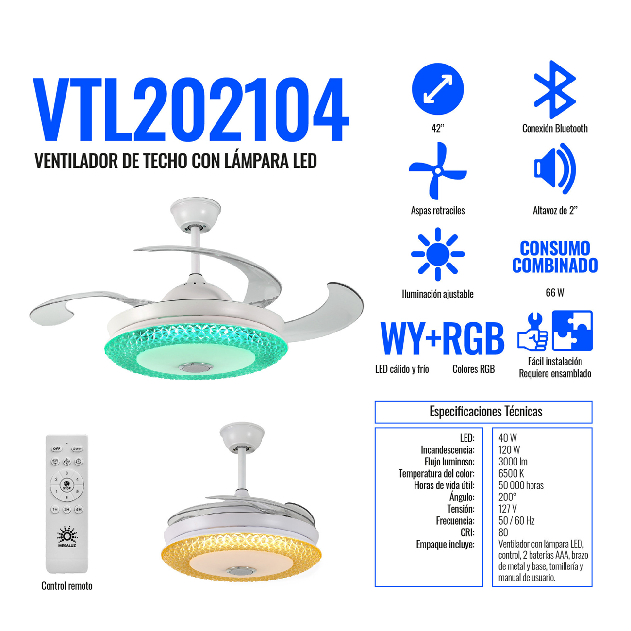 Ventilador de Techo Retráctil con Bocina Bluetooth e Iluminación Multicolor LED Megaluz VTL202104