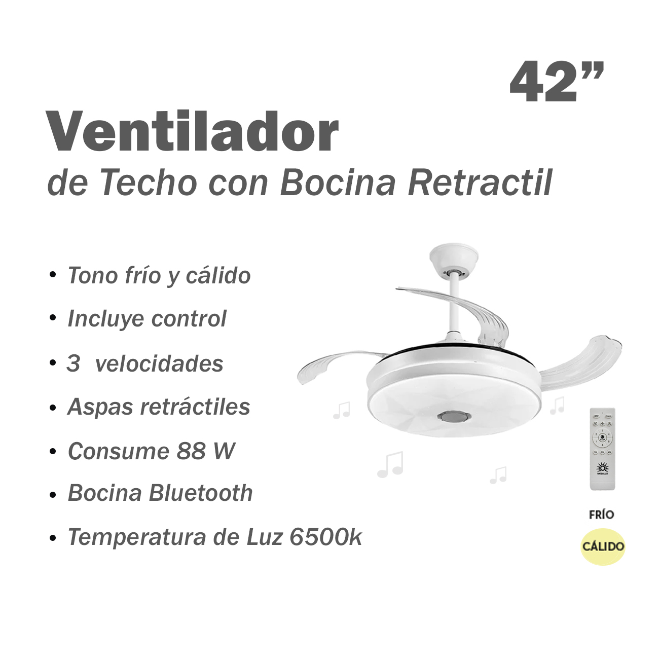 Ventilador de Techo Retráctil Blanco con Bocina Bluetooth e Iluminación LED Megaluz F8911B-42BT