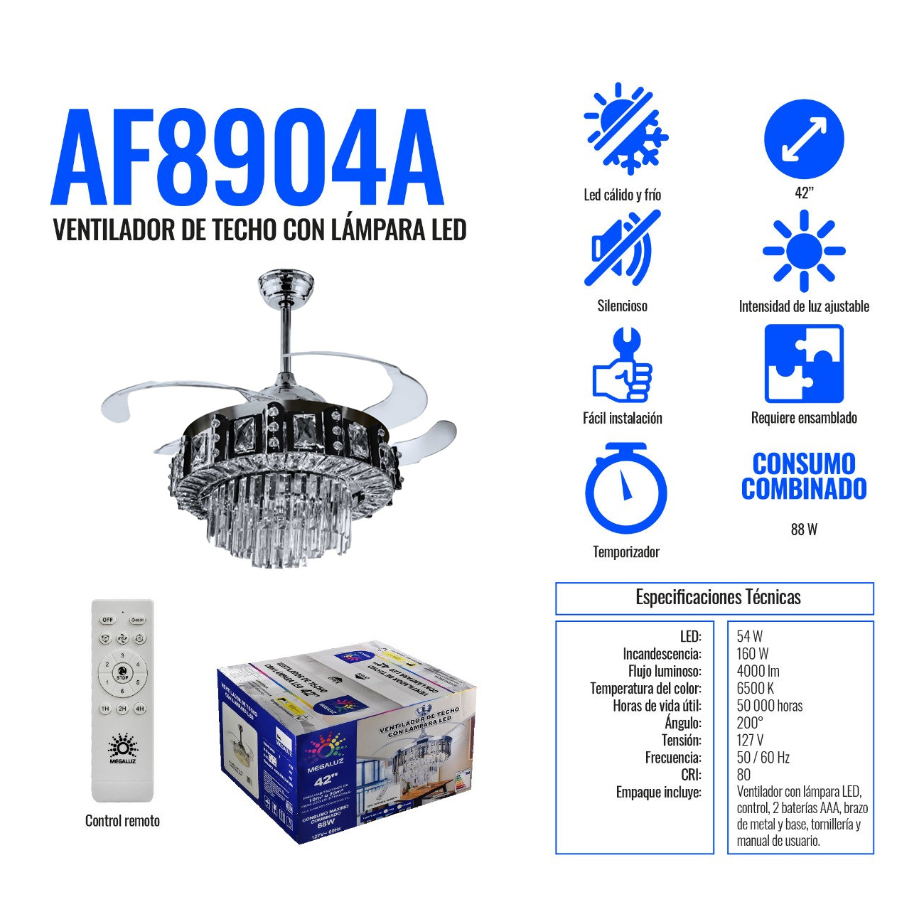Ventilador de Techo Retráctil con Candelabro e Iluminación LED Megaluz AF8904A
