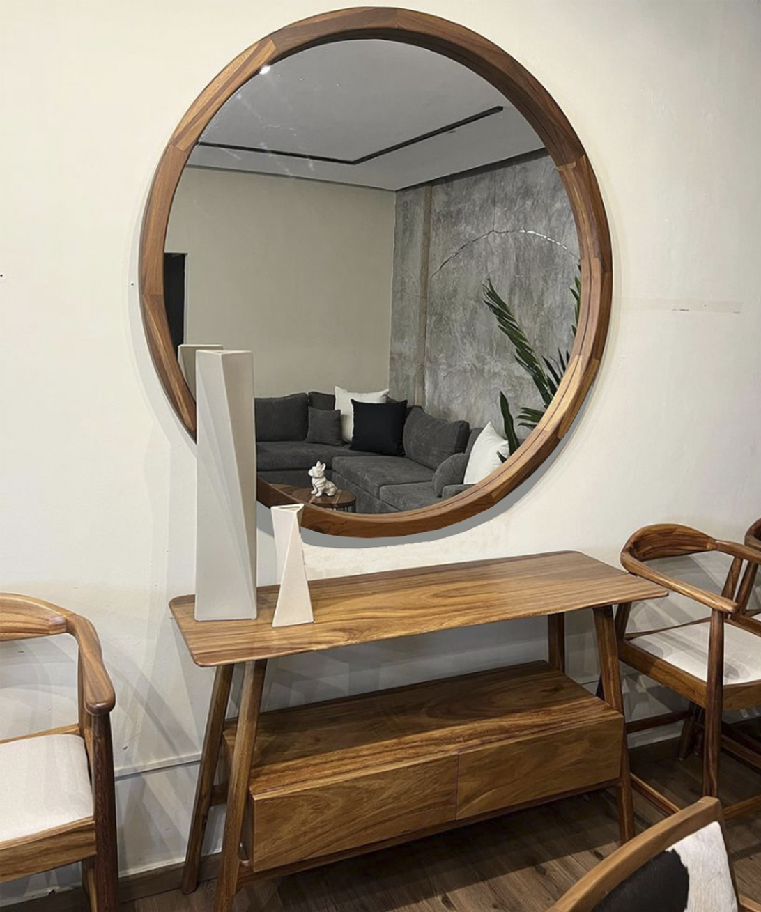 Espejo Redondo Con Marco De Madera Encino 80 cm, Acabado natural