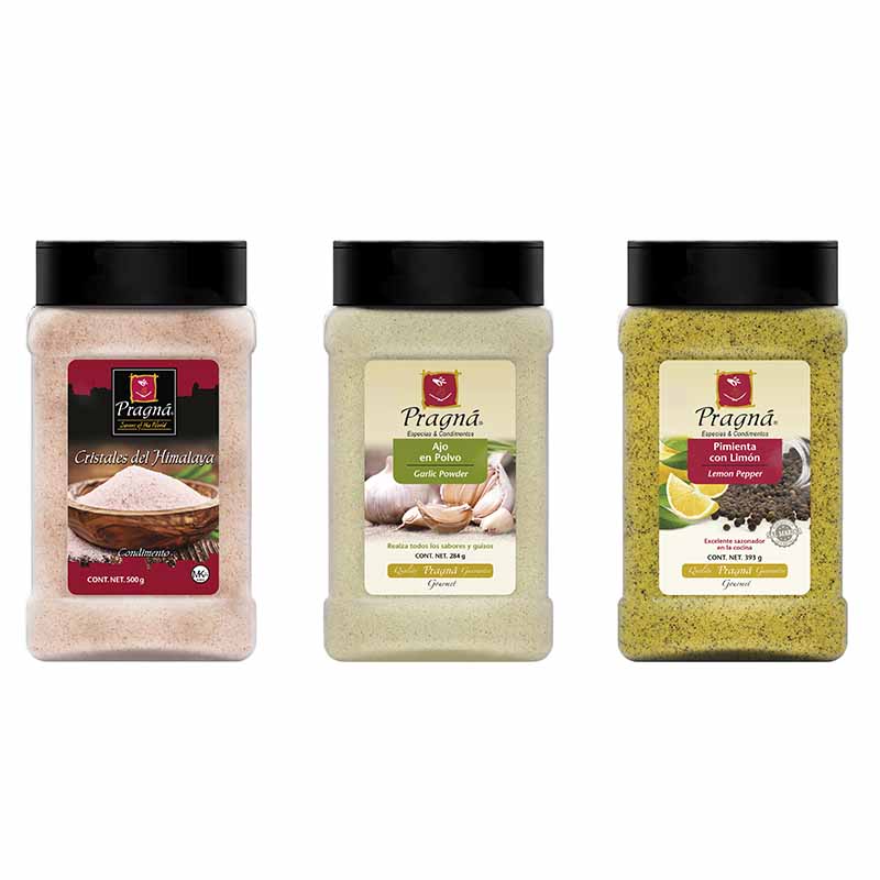 Pragna sal del himalaya 500 gr, Ajo en polvo 284 gr y Pimienta con limon 393 gr