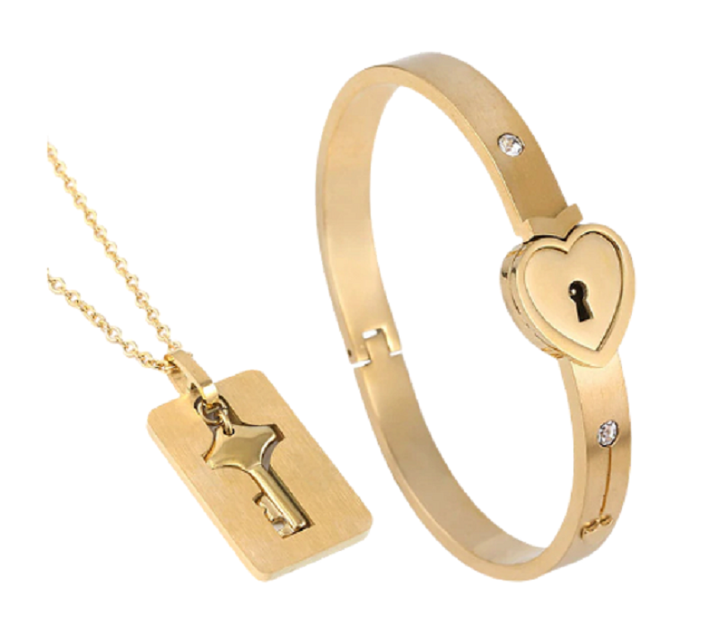Pulsera y Collar Pareja Corazon Llave Acero Inoxidable Dorado