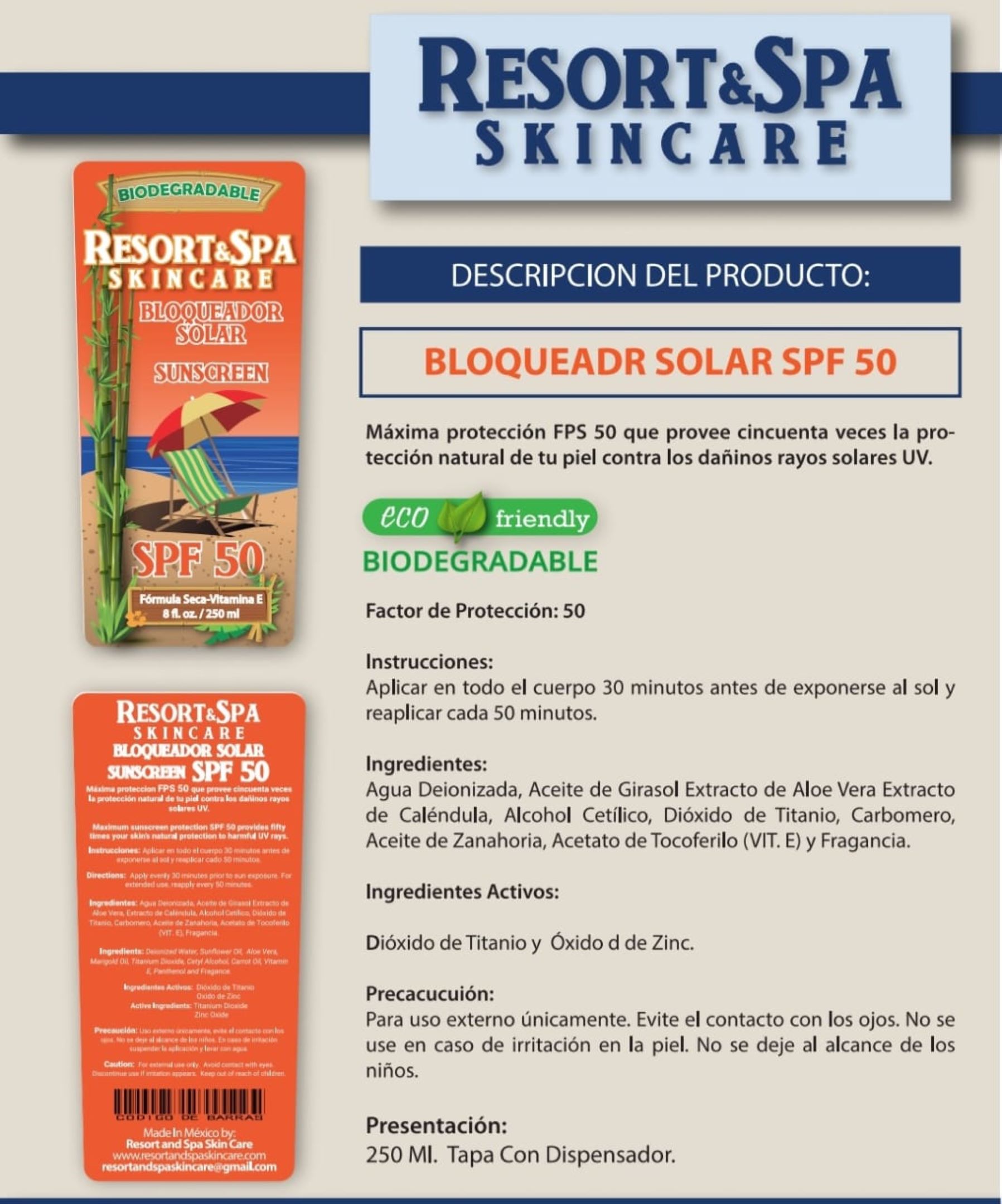 Bloqueador Solar SPF 50 250 ml Biodegradable, Orgánico y Natural .