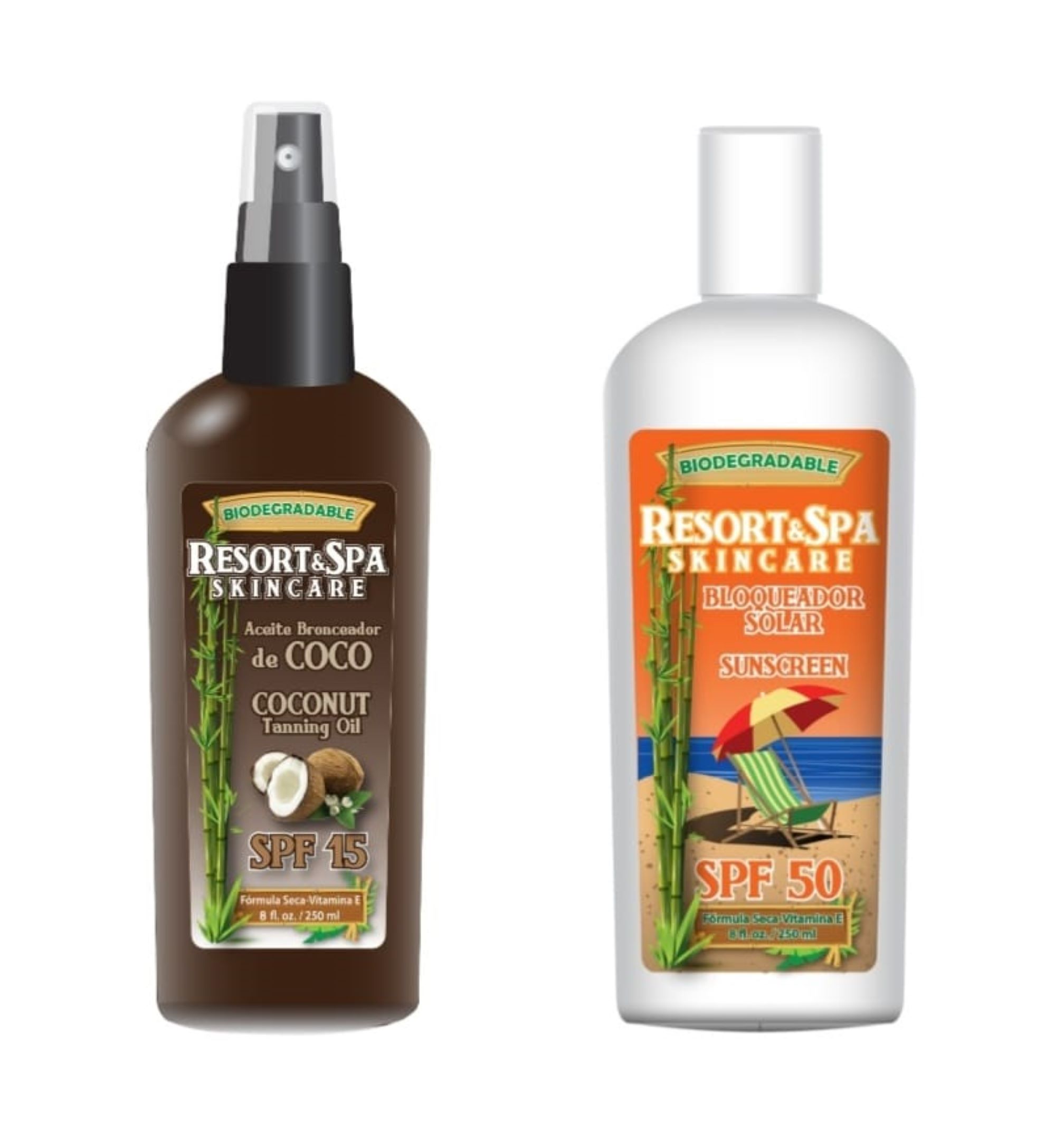 PAQUETE 2 PIEZAS: 1 Bloqueador Solar SPF 50 250 ml y 1 Aceite Bronceador de Coco SPF 15 250 ml Biodegradable, Orgánico y Natural