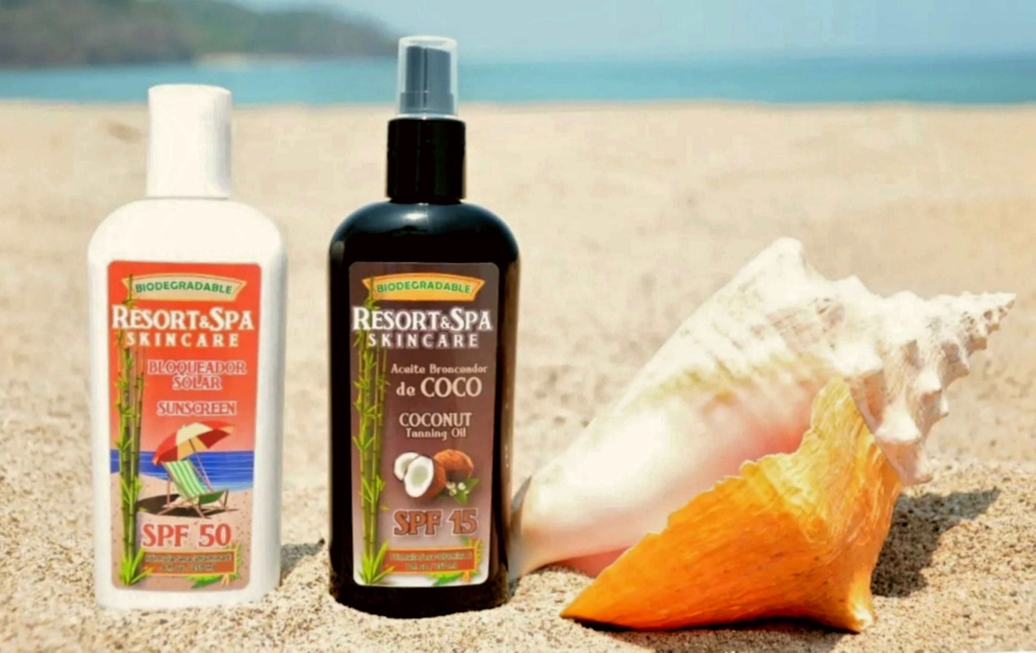 PAQUETE 2 PIEZAS: 1 Bloqueador Solar SPF 50 250 ml y 1 Aceite Bronceador de Coco SPF 15 250 ml Biodegradable, Orgánico y Natural