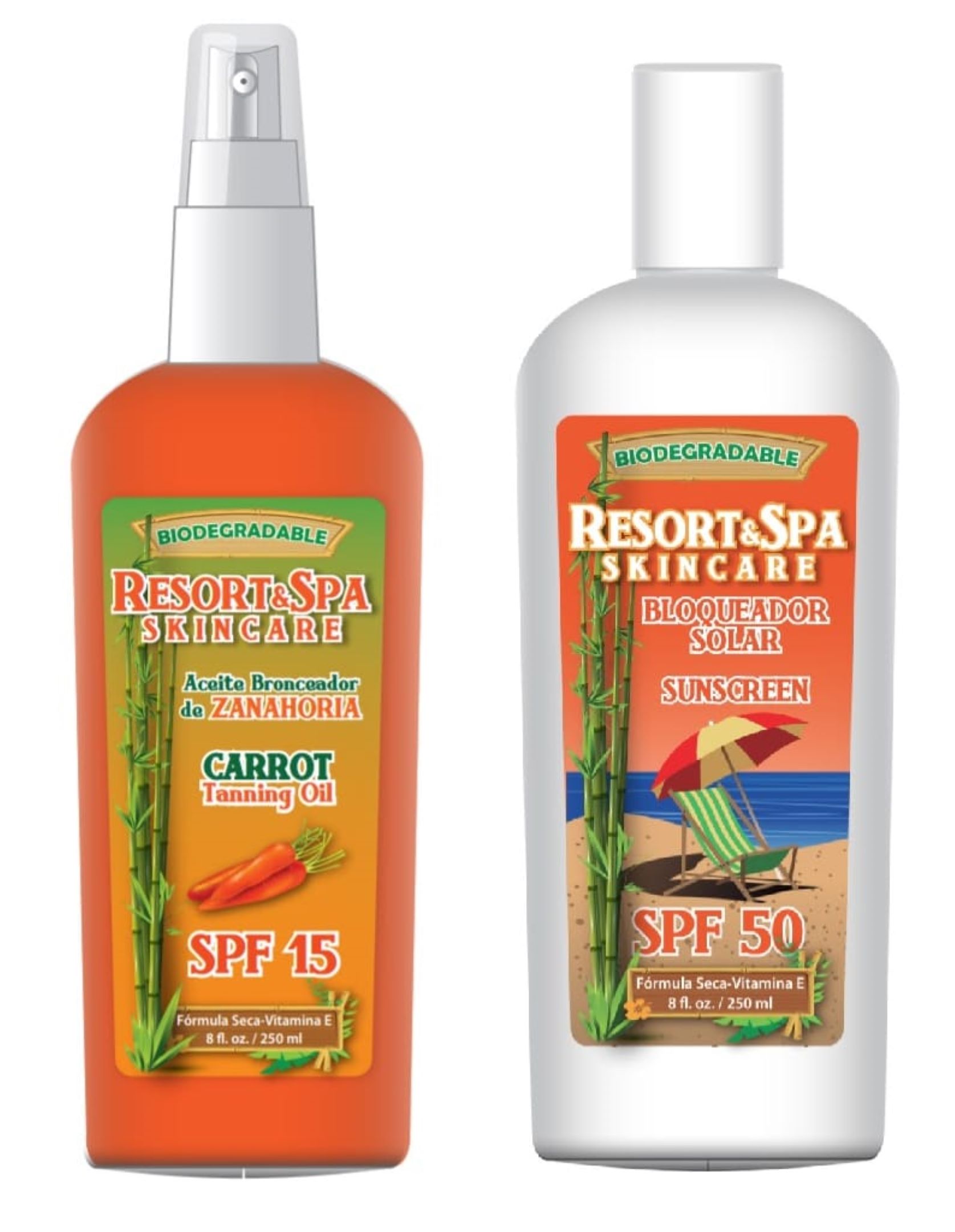 Bloqueador Solar SPF 50 250 ml y Aceite Bronceador de Zanahoria SPF 15 250 ml Biodegradable, Orgánico y Natural
