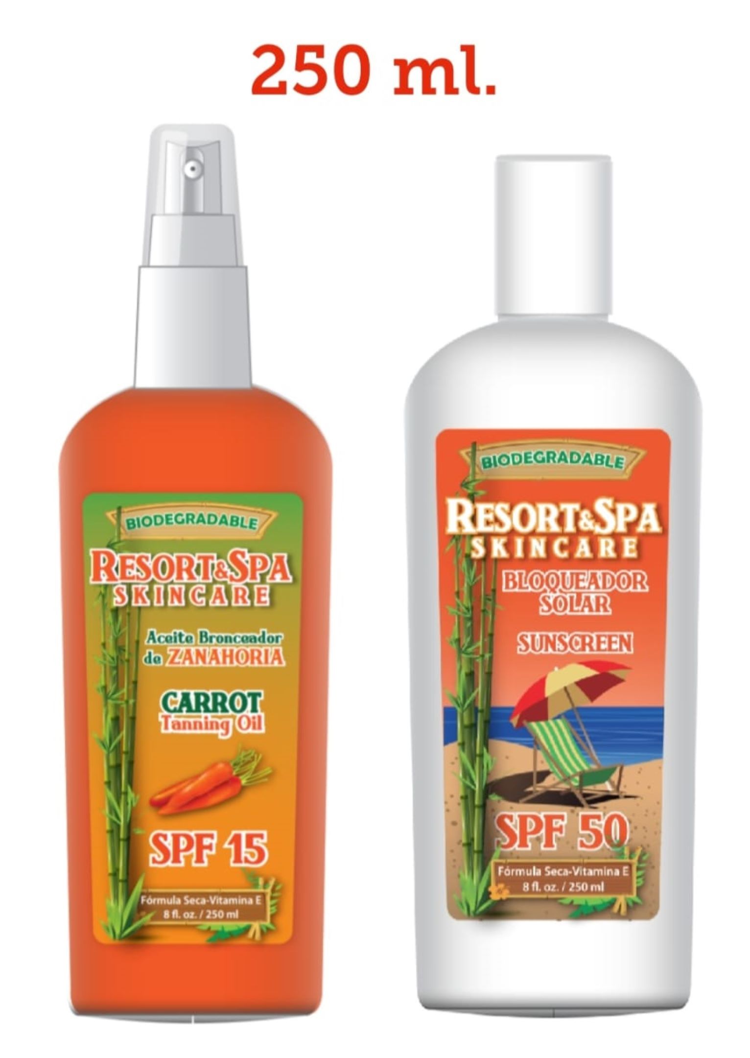 Bloqueador Solar SPF 50 250 ml y Aceite Bronceador de Zanahoria SPF 15 250 ml Biodegradable, Orgánico y Natural