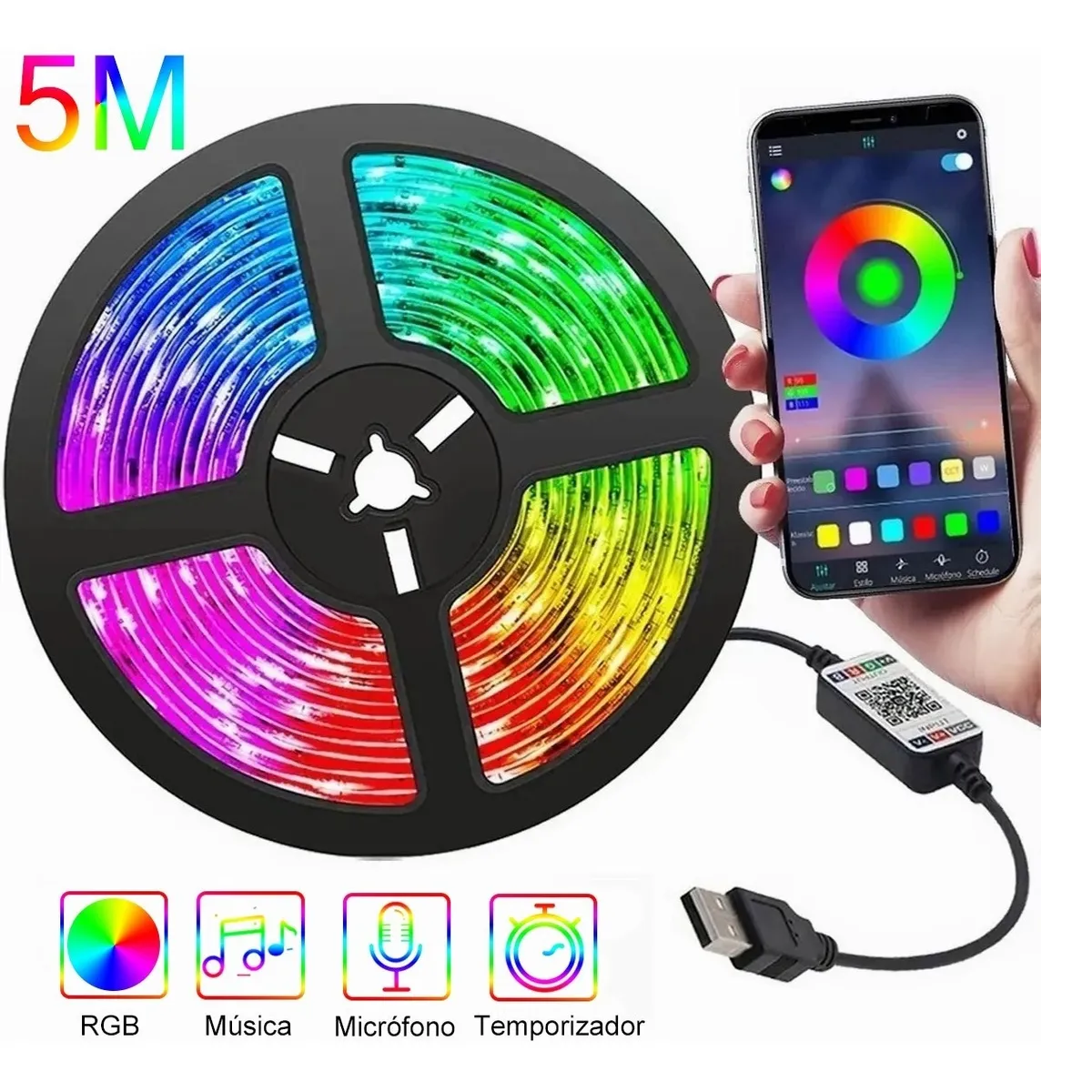 Tira De Luz Led App Bluetooth Control 5050 Tiras Led Rgb 5m