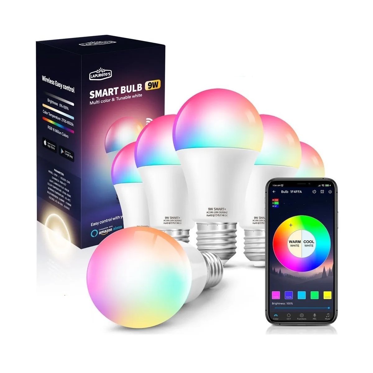 Juego Foco Led Inteligente Rgbcw Wifi 9w Ajustable Multicolor 6 Pzas